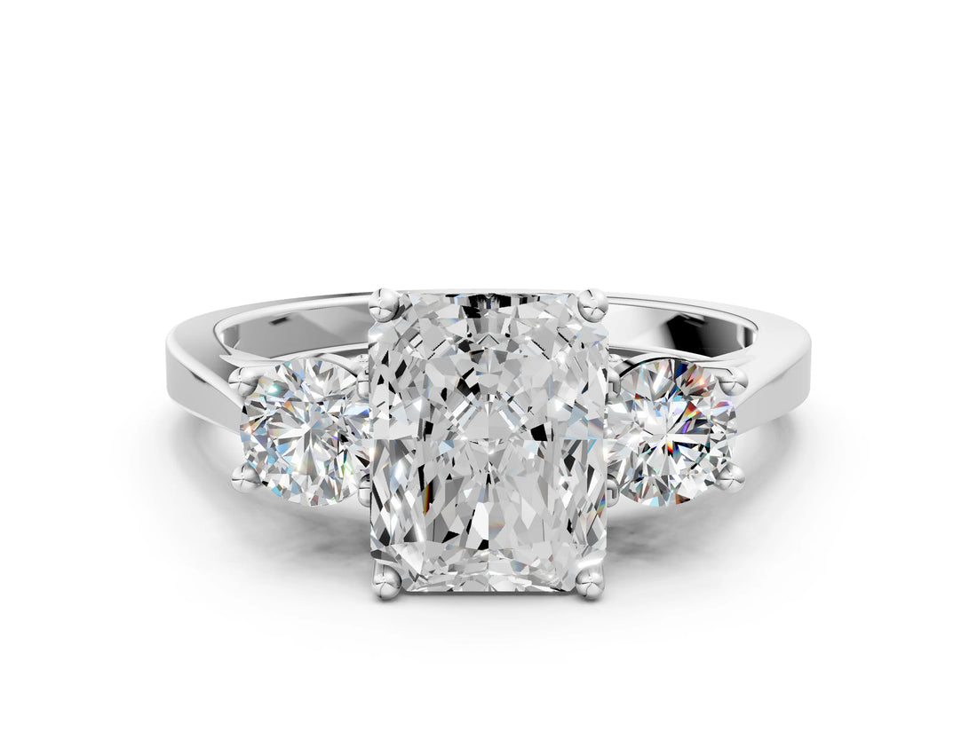 White gold Radiant Cut Diamond Three-Stone Engagement Ring with Prong Setting and Pavé Band_7