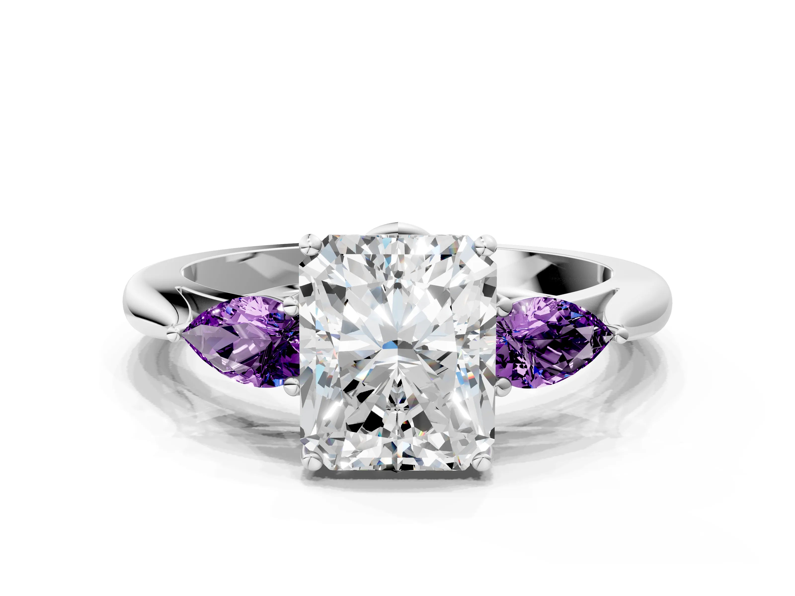 White gold Radiant Cut Diamond Three-Stone Ring with Pear with Amethyst side stone Side Stones and Prong Setting_24
