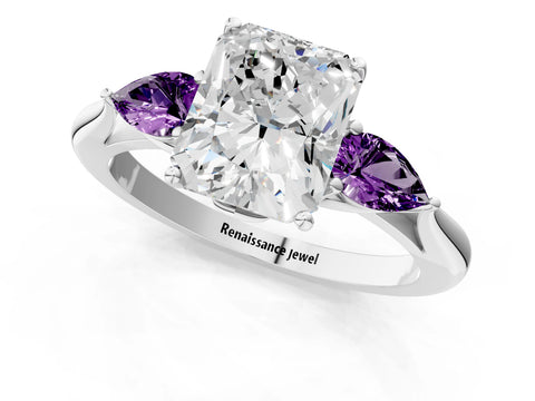 White gold Radiant Cut Diamond Three-Stone Ring with Pear with Amethyst side stone Side Stones and Prong Setting_25