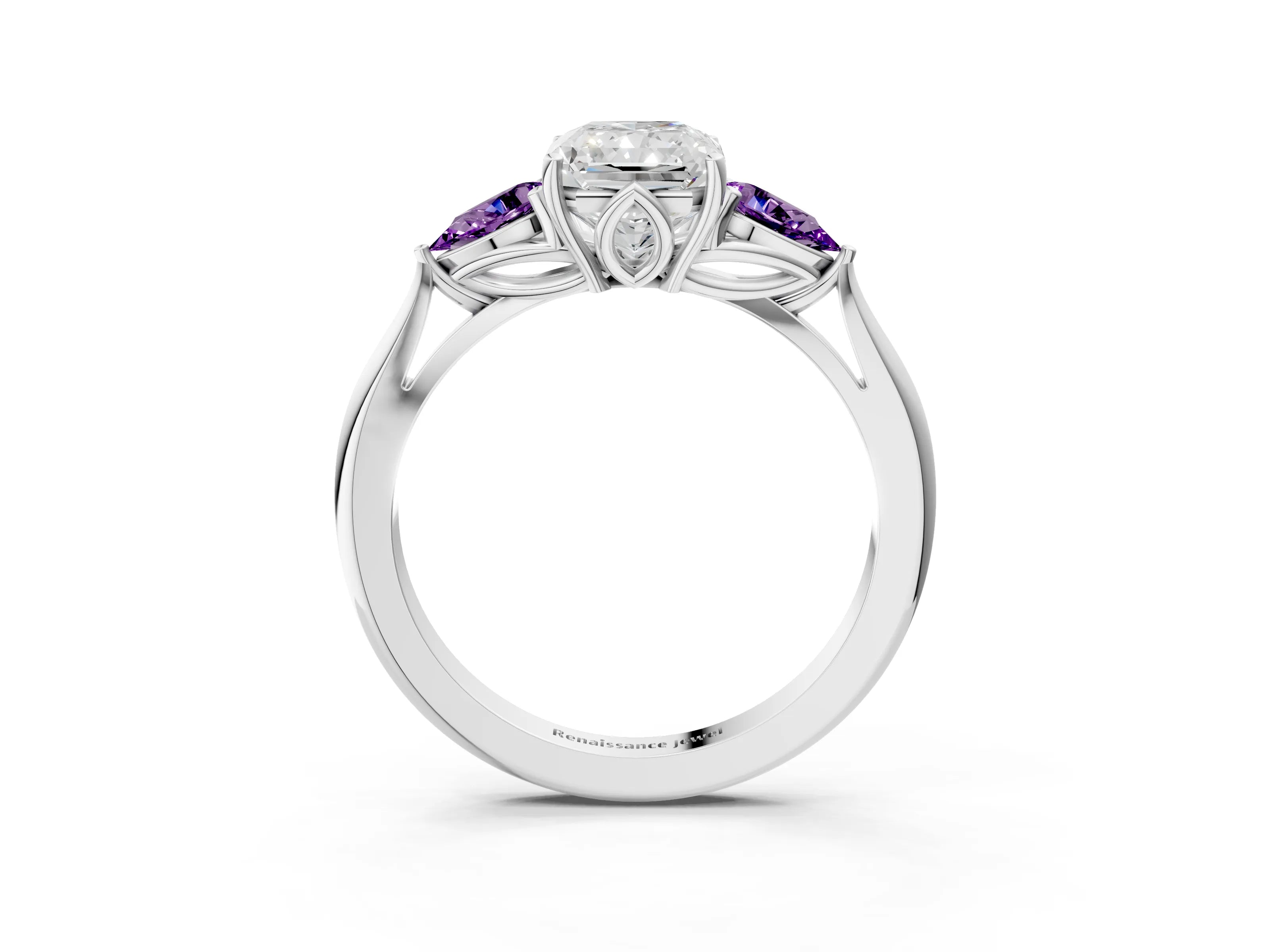 White gold Radiant Cut Diamond Three-Stone Ring with Pear with Amethyst side stone Side Stones and Prong Setting_27