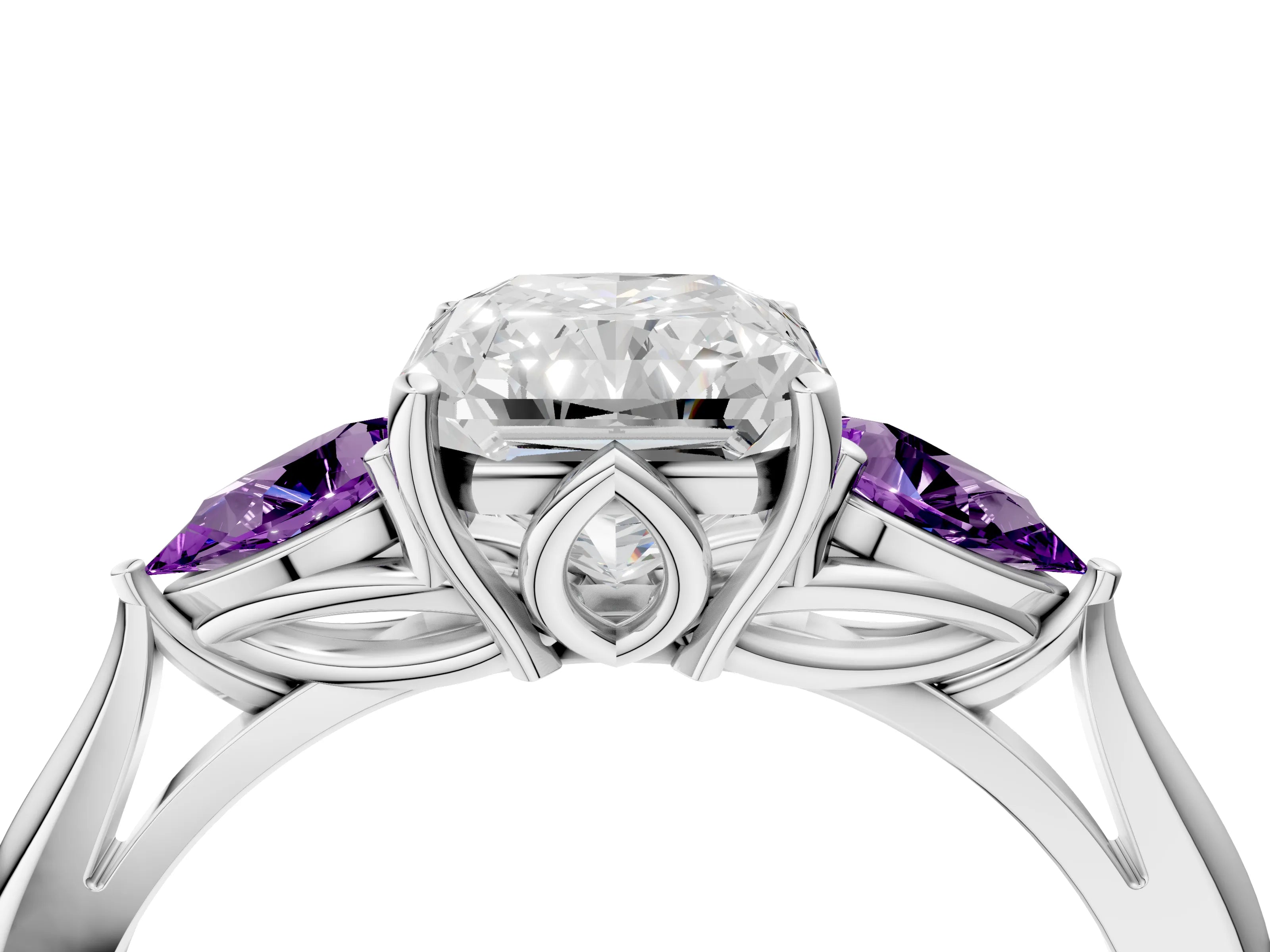 White gold Radiant Cut Diamond Three-Stone Ring with Pear with Amethyst side stone Side Stones and Prong Setting_28