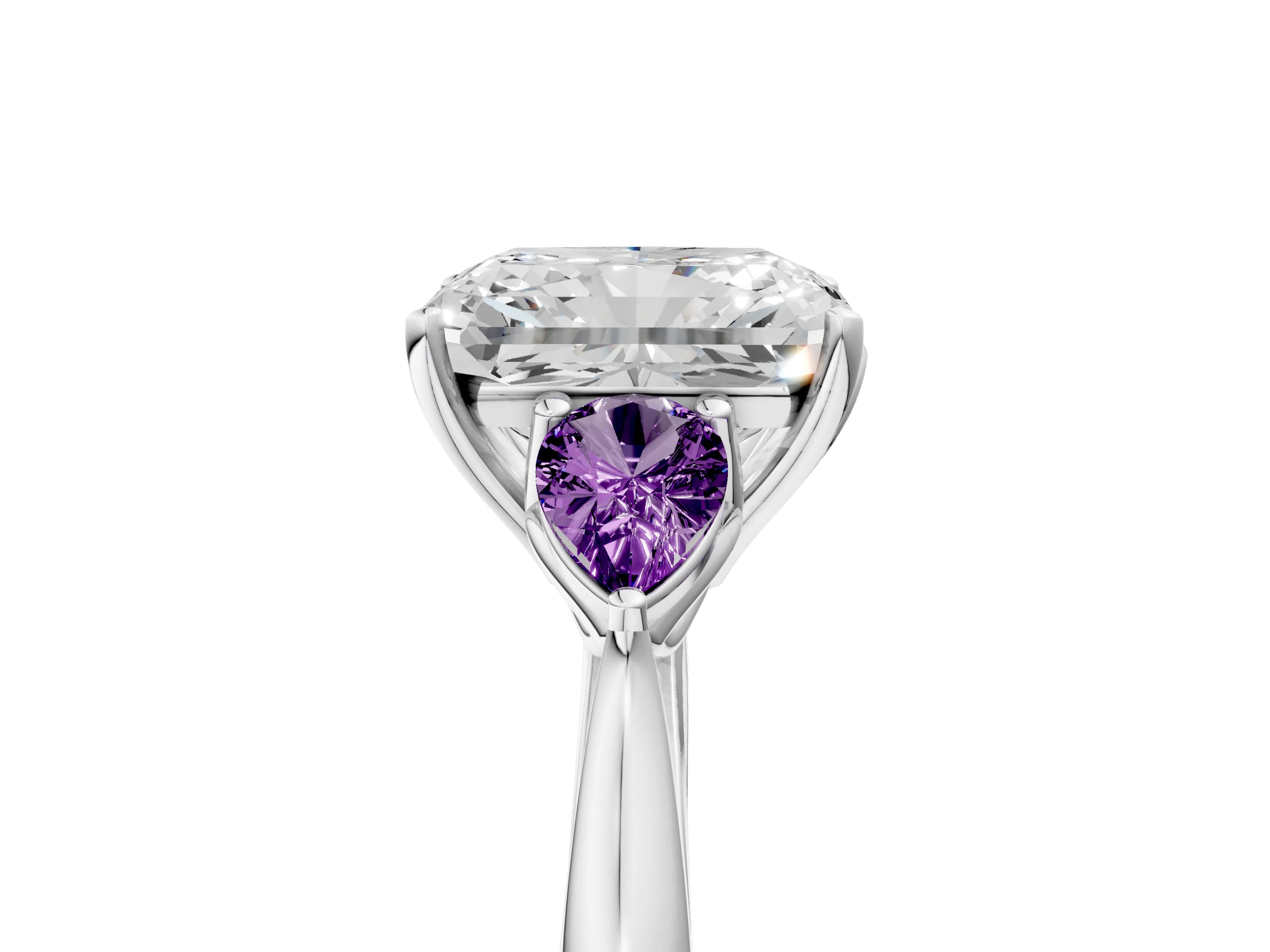 White gold Radiant Cut Diamond Three-Stone Ring with Pear with Amethyst side stone Side Stones and Prong Setting_29