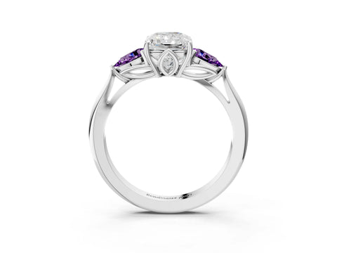 White gold Radiant Cut Diamond Three-Stone Ring with Pear with Amethyst side stone Side Stones and Prong Setting_39