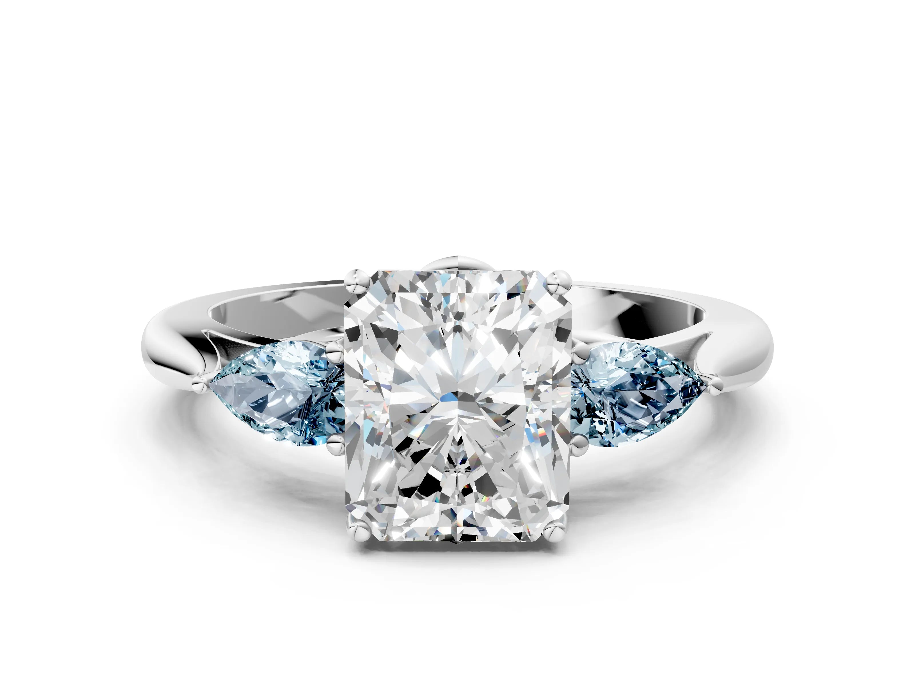 White gold Radiant Cut Diamond Three-Stone Ring with Pear with Aquamarine side stone Side Stones and Prong Setting_24