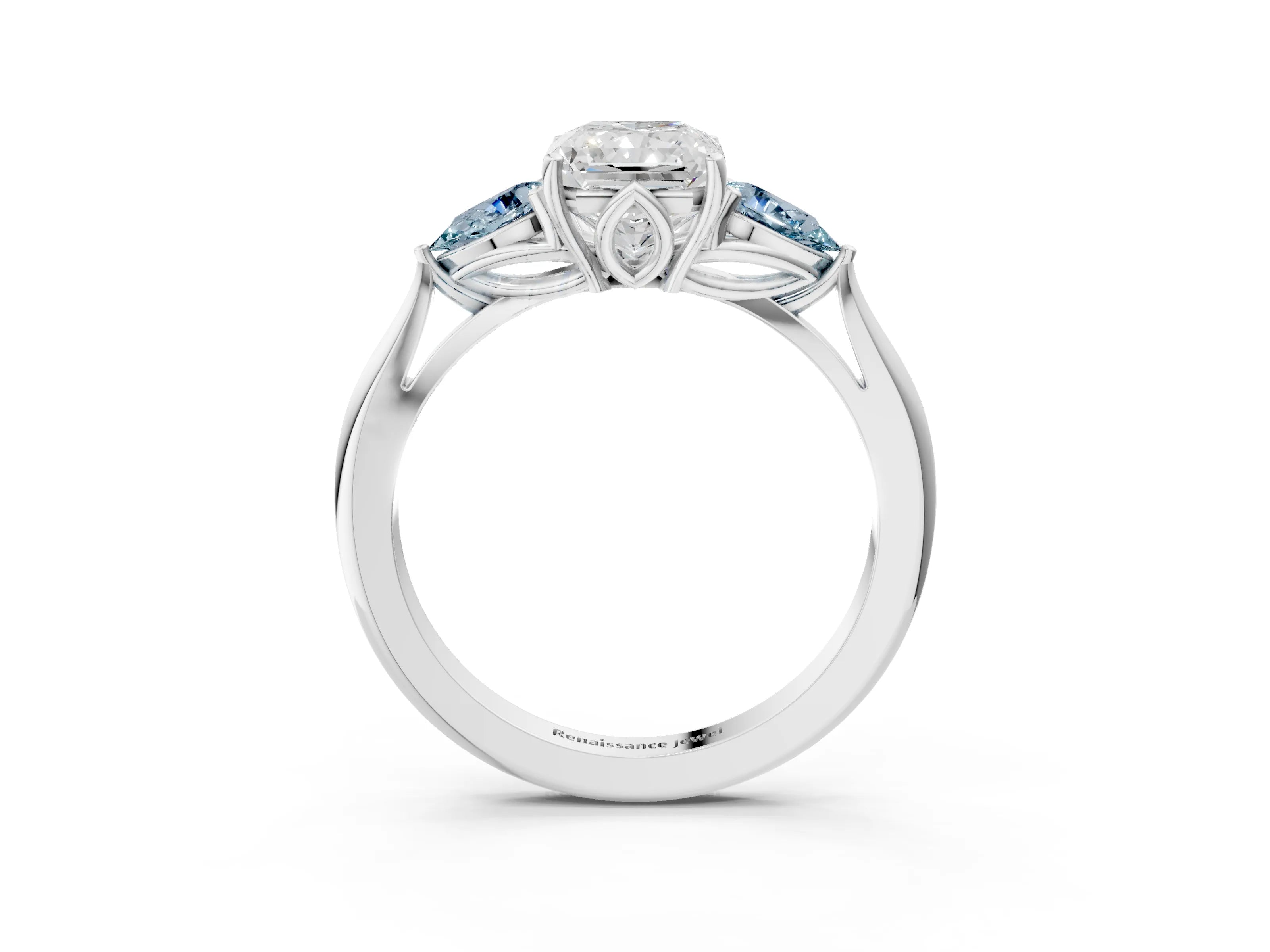 White gold Radiant Cut Diamond Three-Stone Ring with Pear with Aquamarine side stone Side Stones and Prong Setting_27