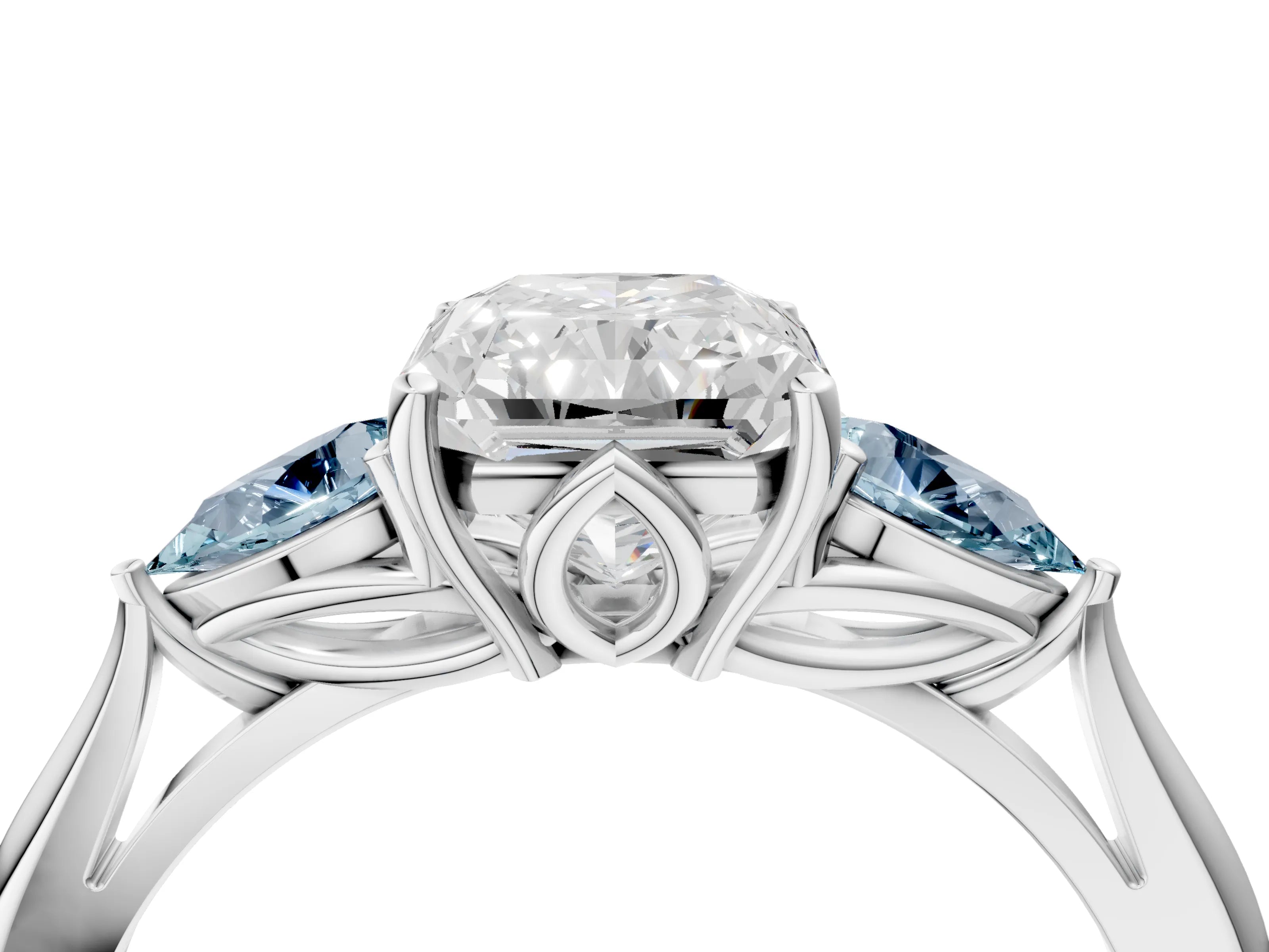 White gold Radiant Cut Diamond Three-Stone Ring with Pear with Aquamarine side stone Side Stones and Prong Setting_28