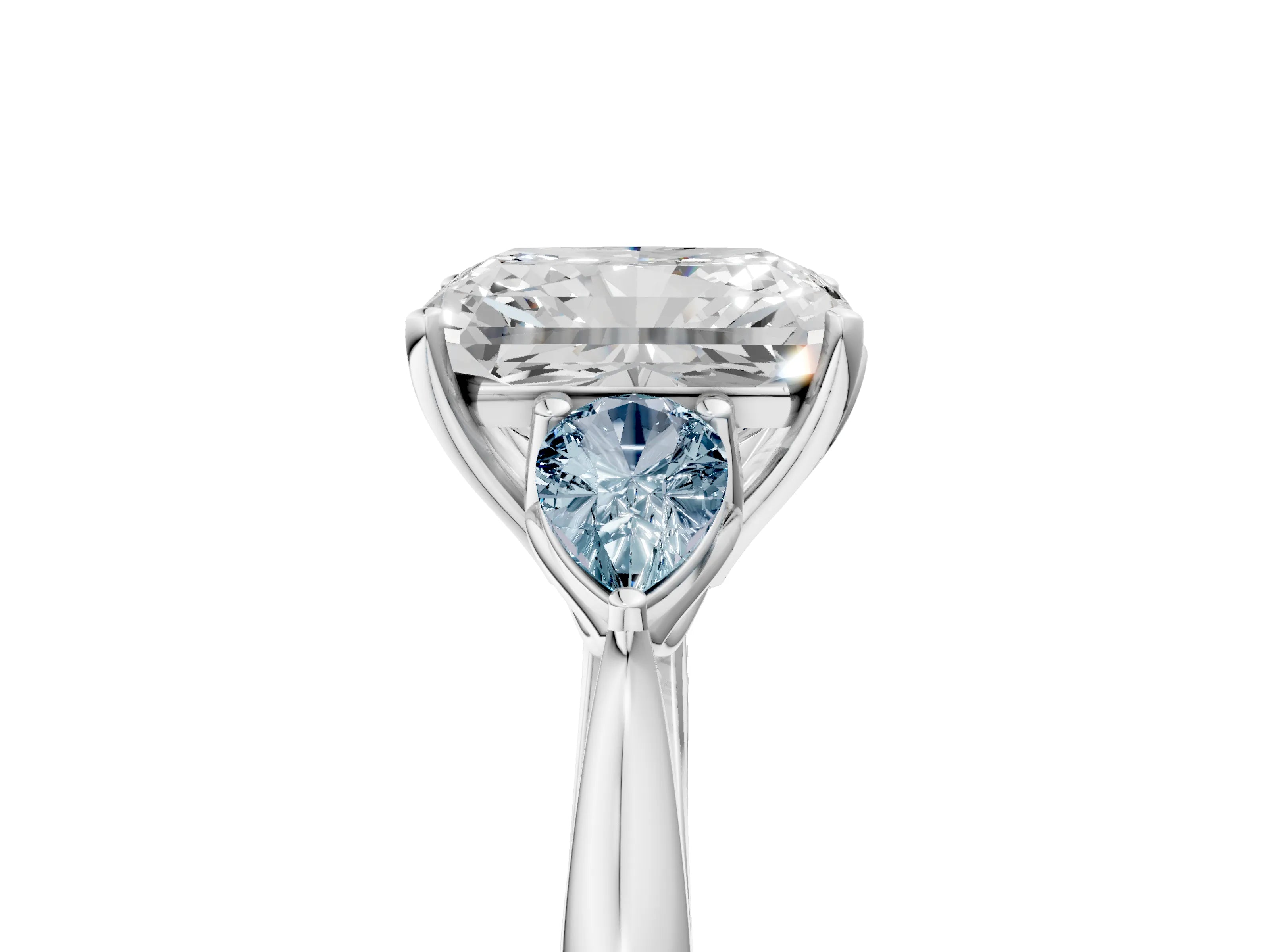 White gold Radiant Cut Diamond Three-Stone Ring with Pear with Aquamarine side stone Side Stones and Prong Setting_29