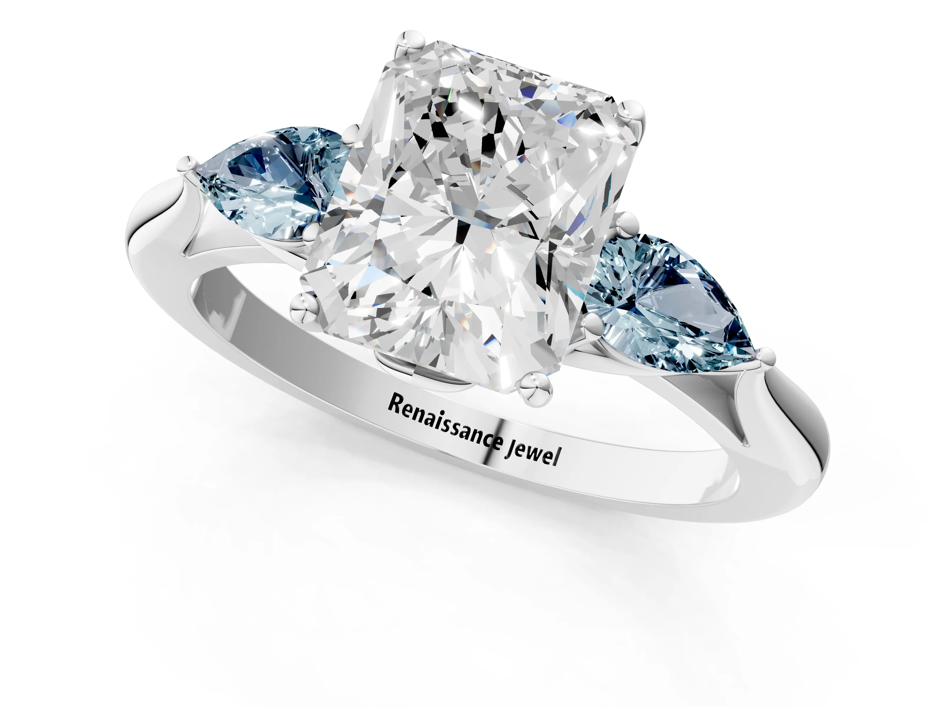 White gold Radiant Cut Diamond Three-Stone Ring with Pear with Aquamarine side stone Side Stones and Prong Setting_37