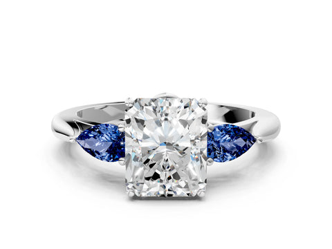 White gold Radiant Cut Diamond Three-Stone Ring with Pear with Blue Sapphire side stone Side Stones and Prong Setting_24