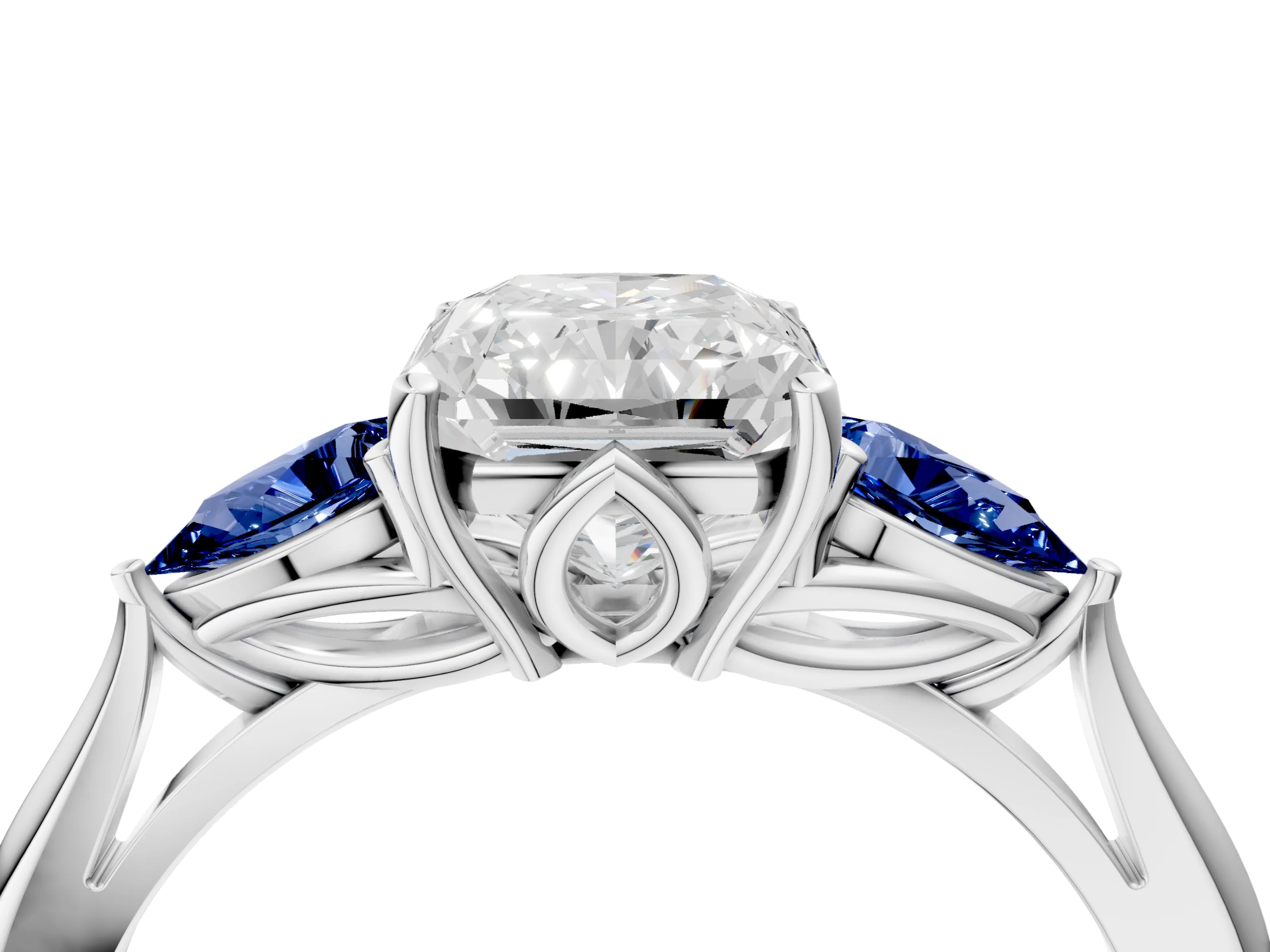 White gold Radiant Cut Diamond Three-Stone Ring with Pear with Blue Sapphire side stone Side Stones and Prong Setting_28