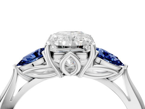 White gold Radiant Cut Diamond Three-Stone Ring with Pear with Blue Sapphire side stone Side Stones and Prong Setting_28