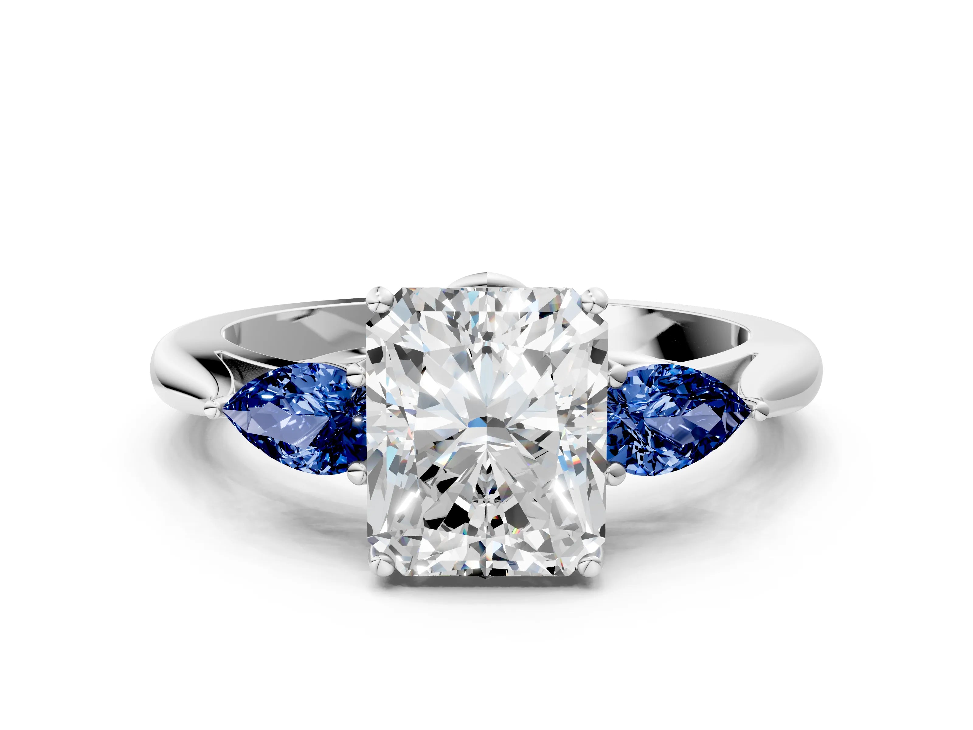 White gold Radiant Cut Diamond Three-Stone Ring with Pear with Blue Sapphire side stone Side Stones and Prong Setting_36