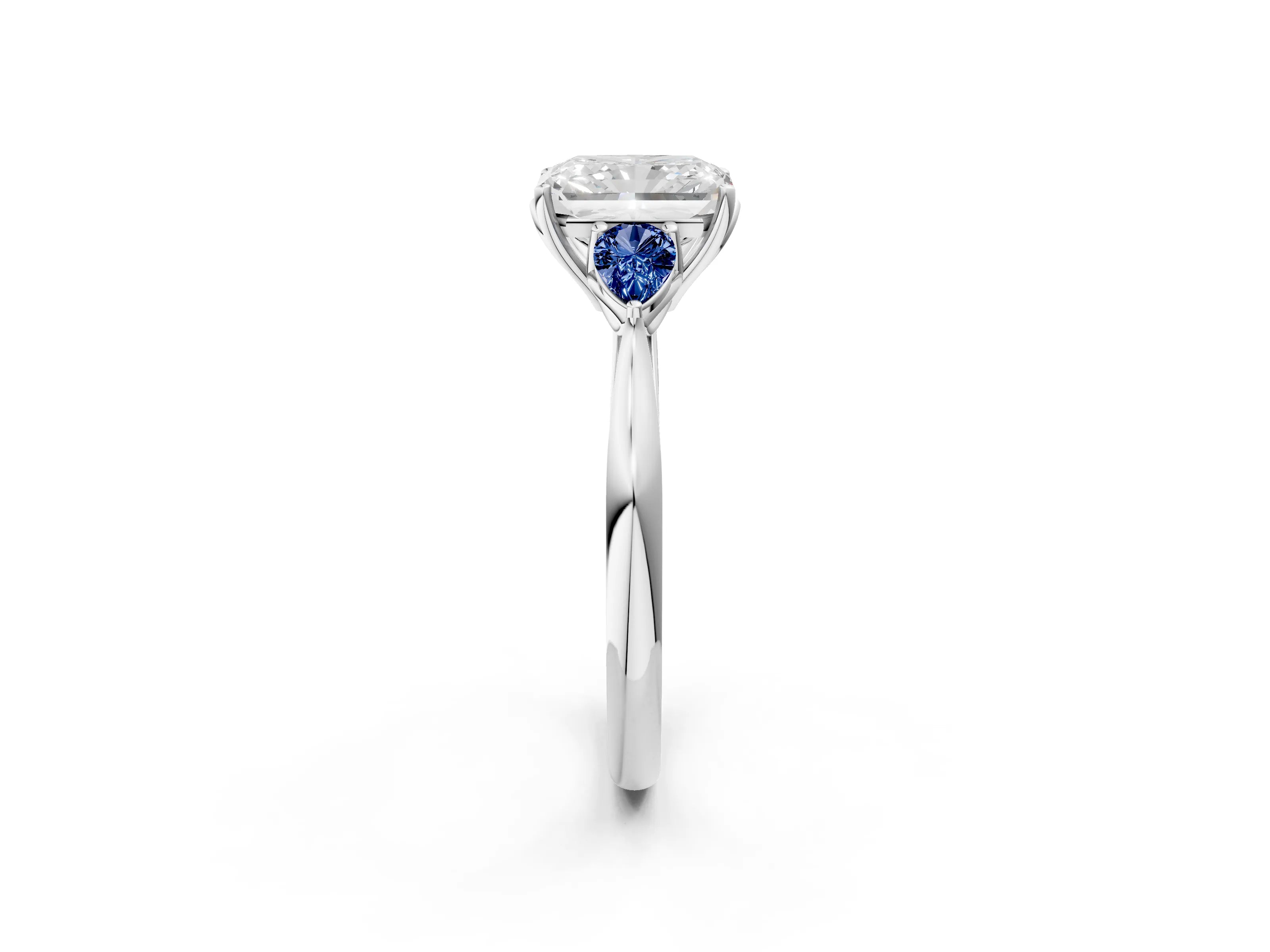 White gold Radiant Cut Diamond Three-Stone Ring with Pear with Blue Sapphire side stone Side Stones and Prong Setting_38