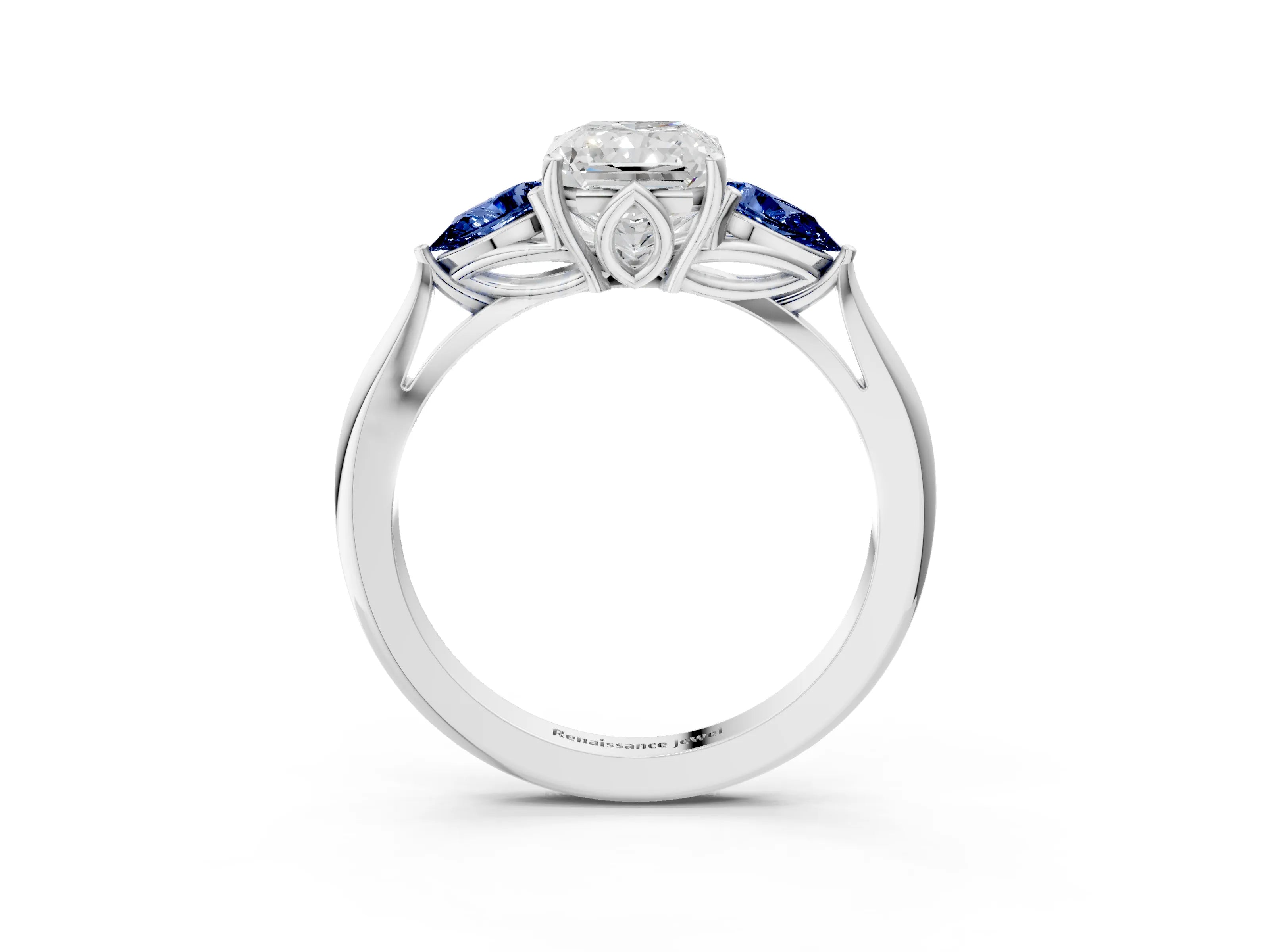 White gold Radiant Cut Diamond Three-Stone Ring with Pear with Blue Sapphire side stone Side Stones and Prong Setting_39