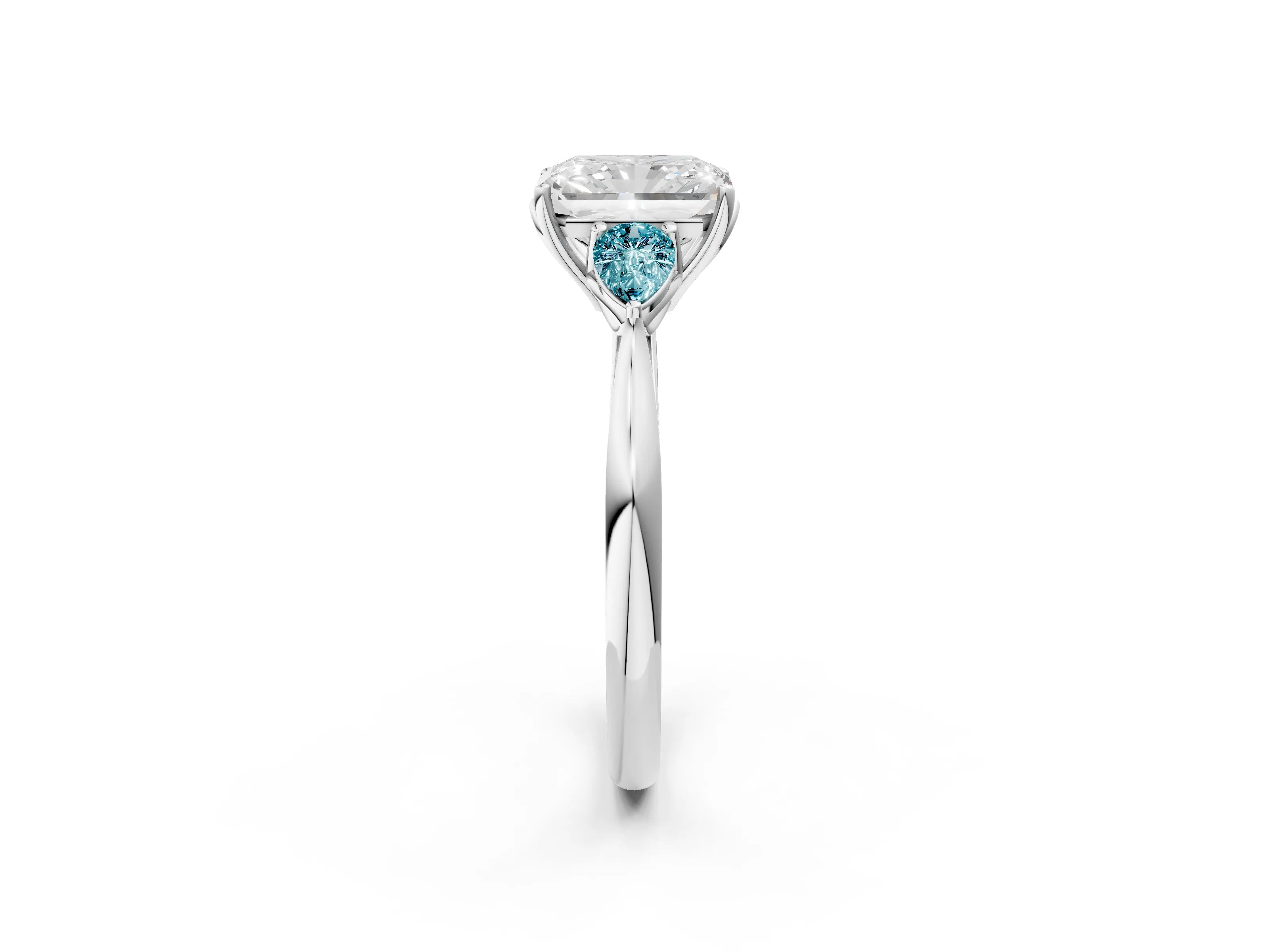 White gold Radiant Cut Diamond Three-Stone Ring with Pear with Blue Topaz side stone Side Stones and Prong Setting_14
