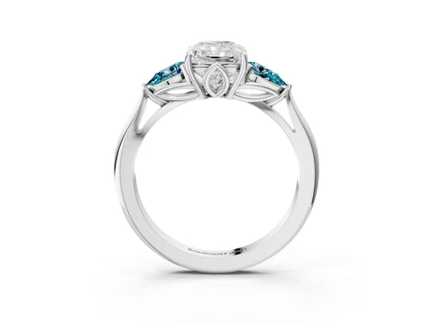White gold Radiant Cut Diamond Three-Stone Ring with Pear with Blue Topaz side stone Side Stones and Prong Setting_15