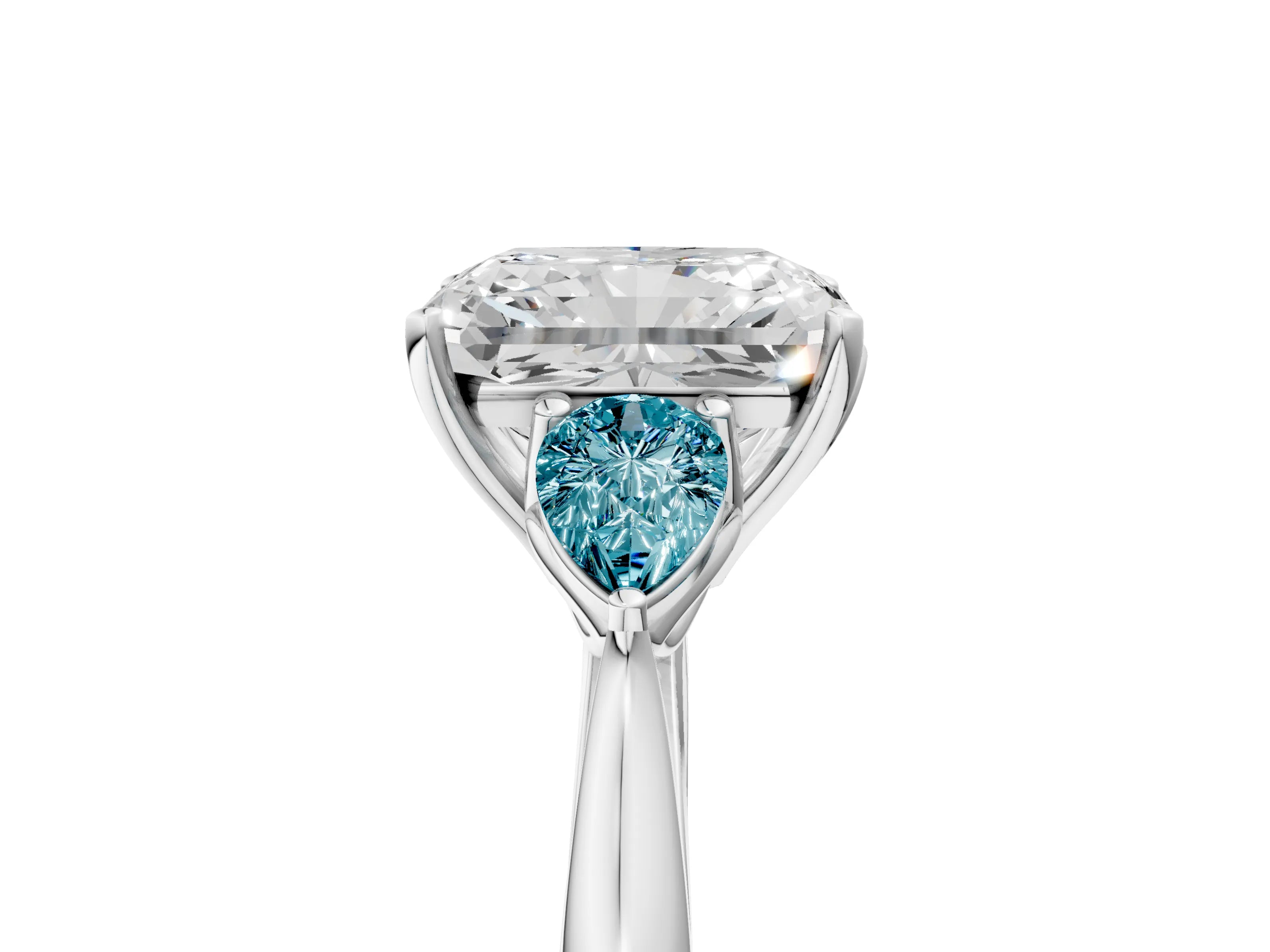 White gold Radiant Cut Diamond Three-Stone Ring with Pear with Blue Topaz side stone Side Stones and Prong Setting_17