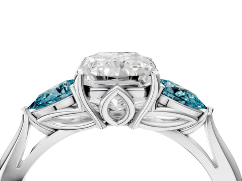 White gold Radiant Cut Diamond Three-Stone Ring with Pear with Blue Topaz side stone Side Stones and Prong Setting_28