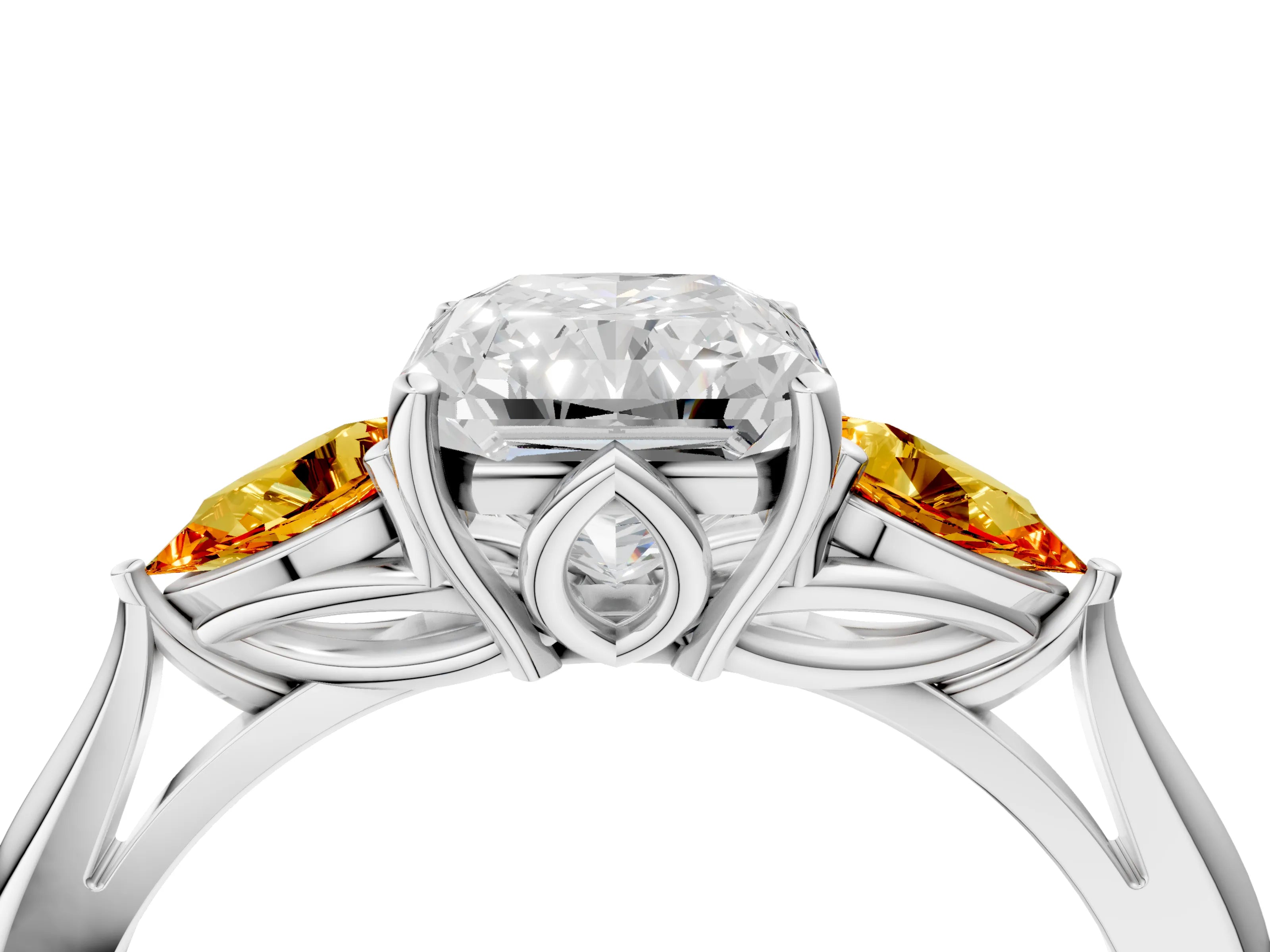 White gold Radiant Cut Diamond Three-Stone Ring with Pear with Citrine side stone Side Stones and Prong Setting_28