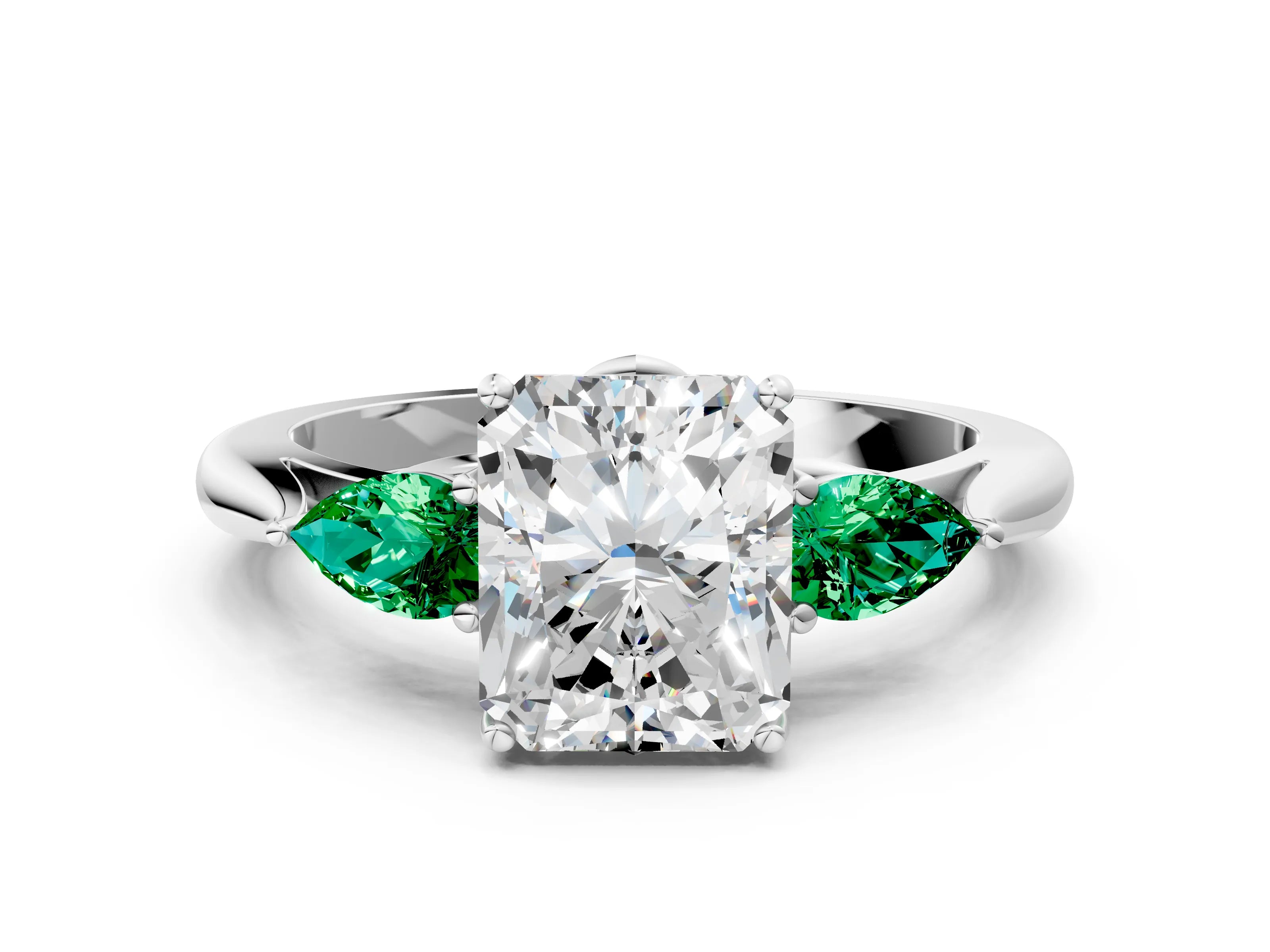 White gold Radiant Cut Diamond Three-Stone Ring with Pear with Emerald side stone Side Stones and Prong Setting_48