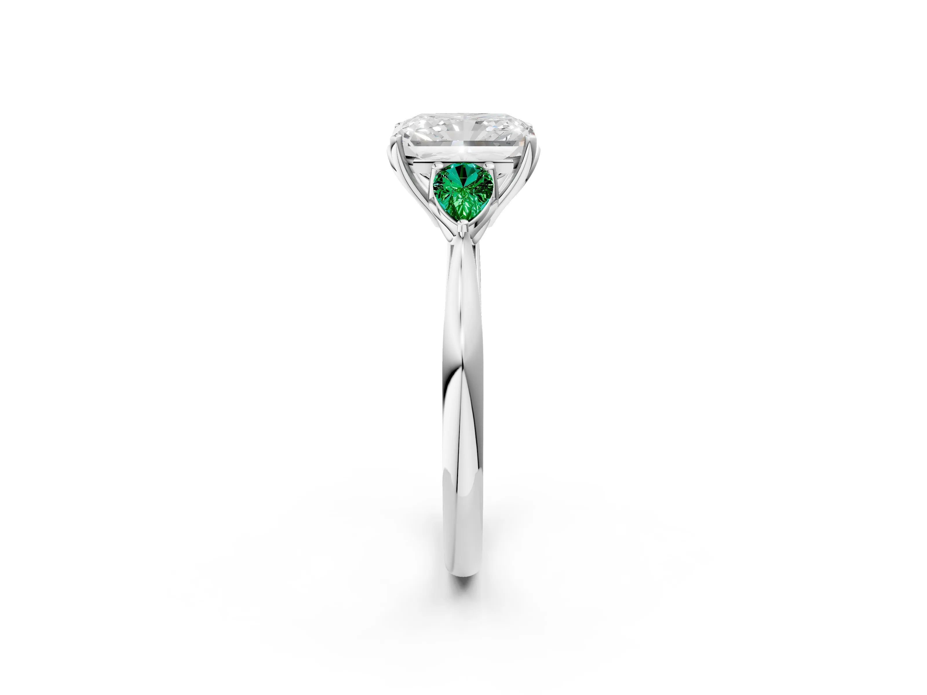 White gold Radiant Cut Diamond Three-Stone Ring with Pear with Emerald side stone Side Stones and Prong Setting_50