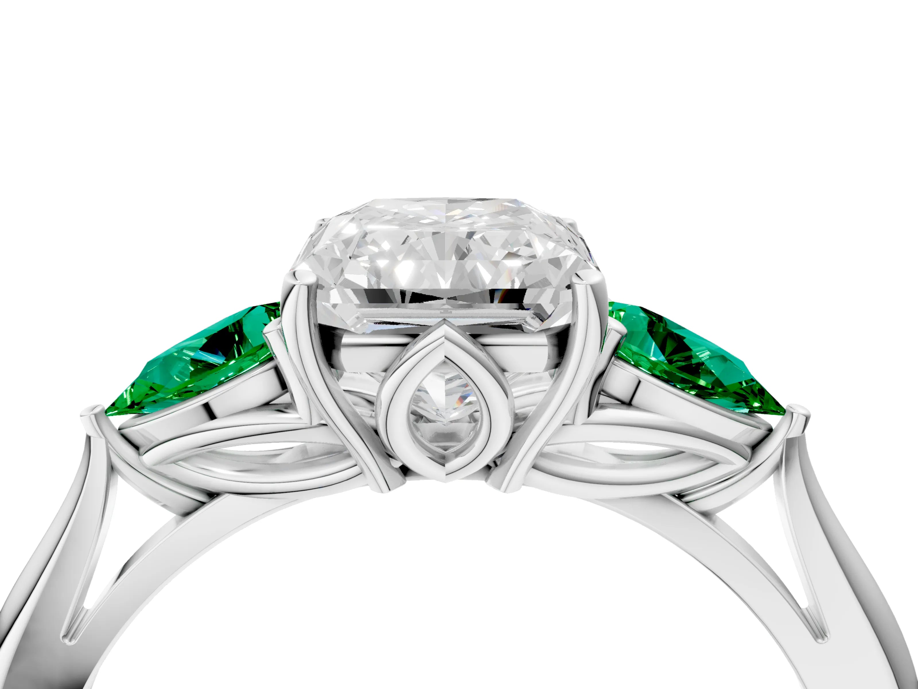 White gold Radiant Cut Diamond Three-Stone Ring with Pear with Emerald side stone Side Stones and Prong Setting_52