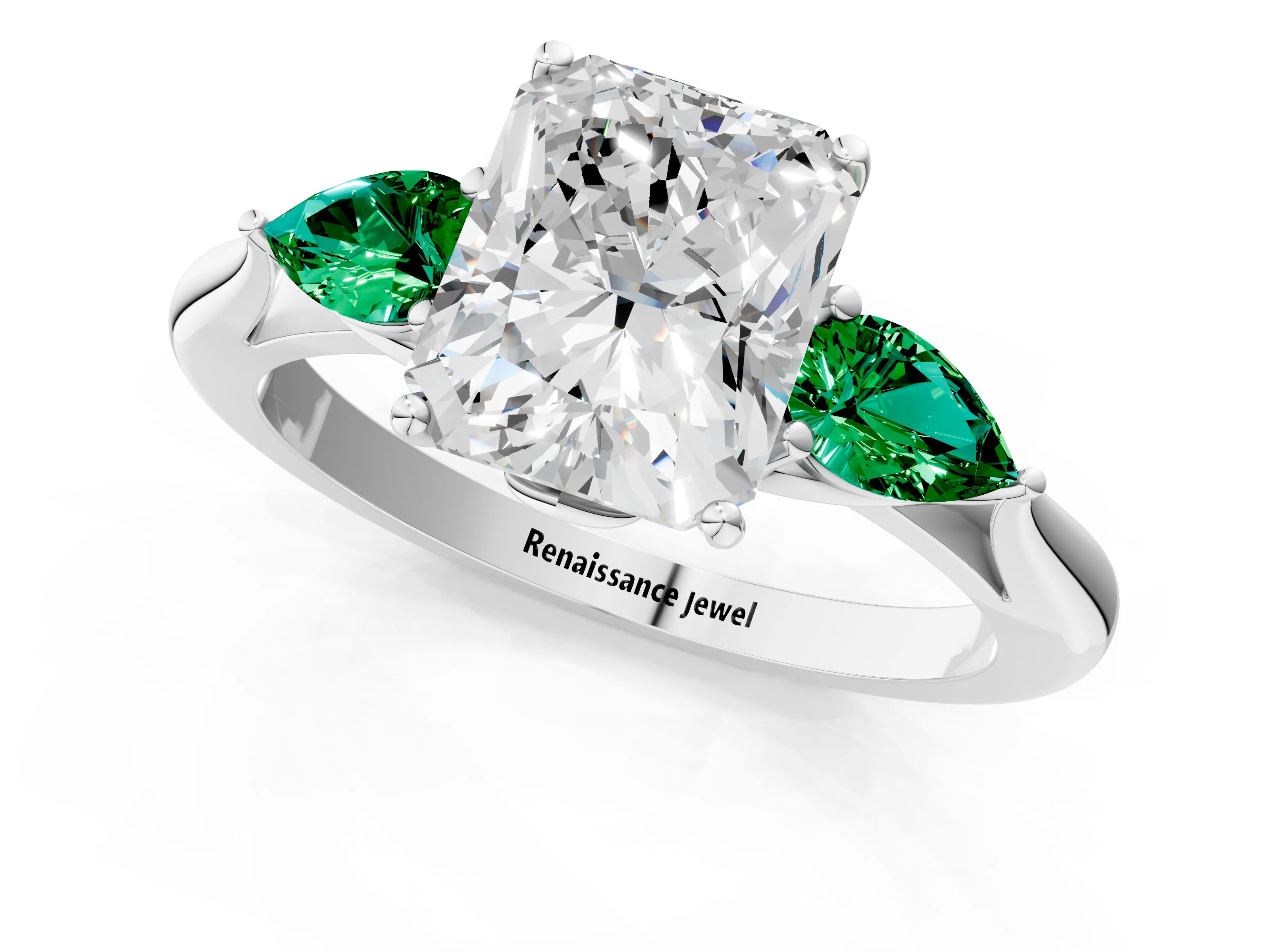White gold Radiant Cut Diamond Three-Stone Ring with Pear with Emerald side stone Side Stones and Prong Setting_61