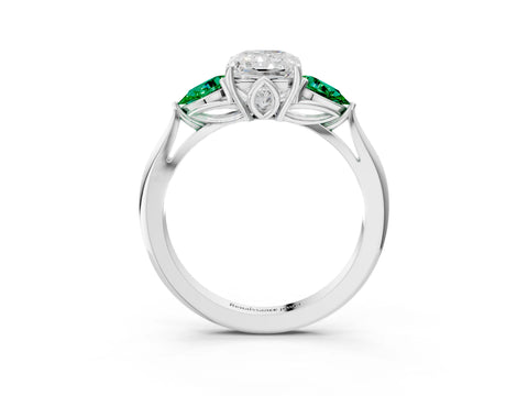 White gold Radiant Cut Diamond Three-Stone Ring with Pear with Emerald side stone Side Stones and Prong Setting_63