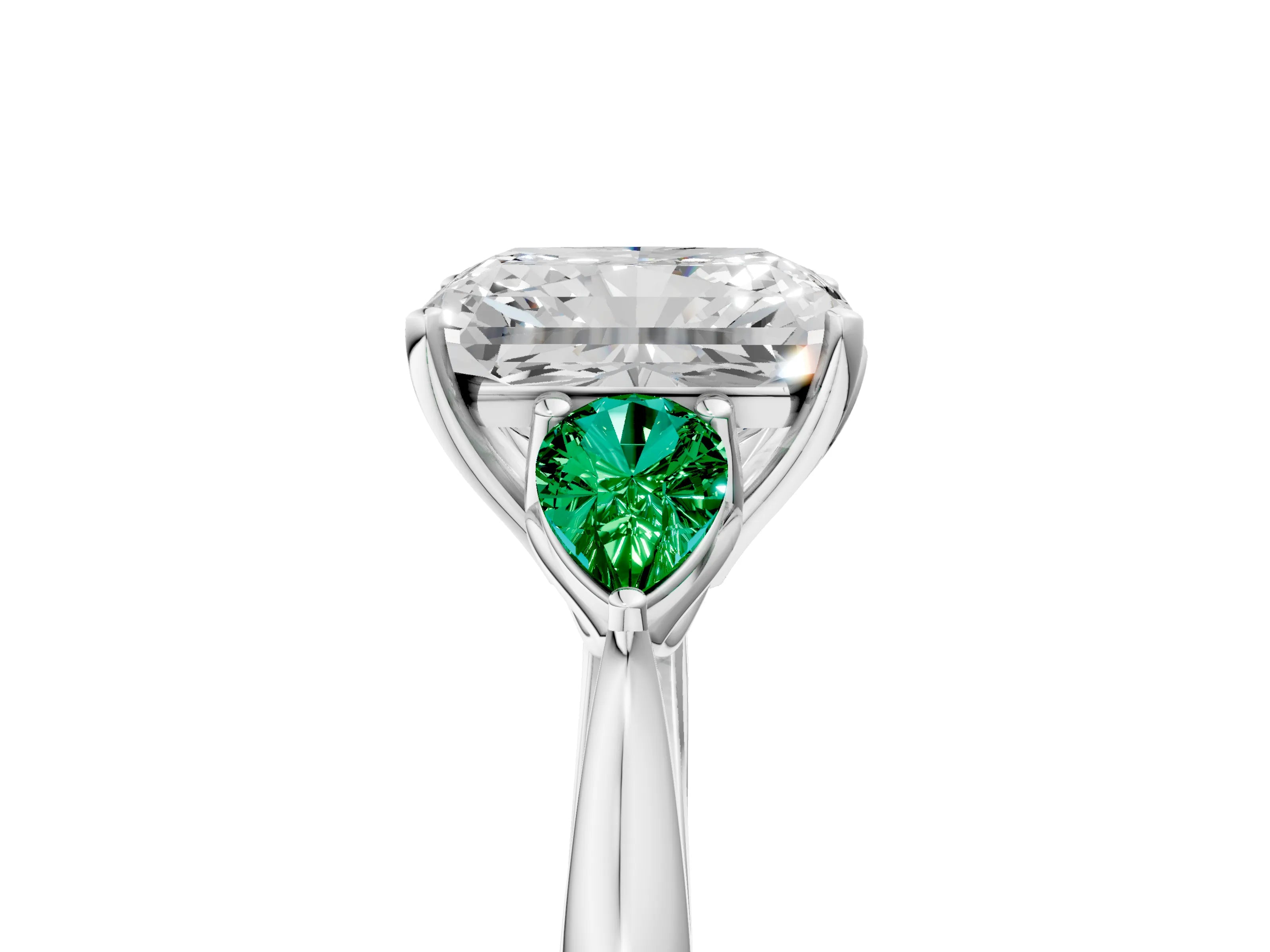 White gold Radiant Cut Diamond Three-Stone Ring with Pear with Emerald side stone Side Stones and Prong Setting_65