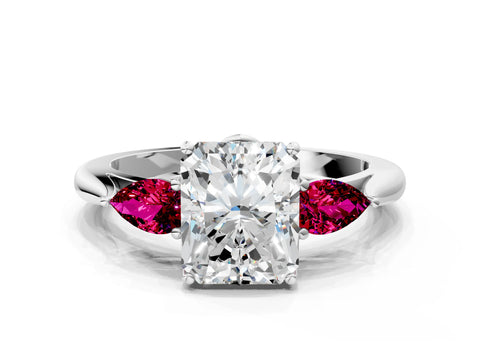 White gold Radiant Cut Diamond Three-Stone Ring with Pear with Garnet side stone Side Stones and Prong Setting_12