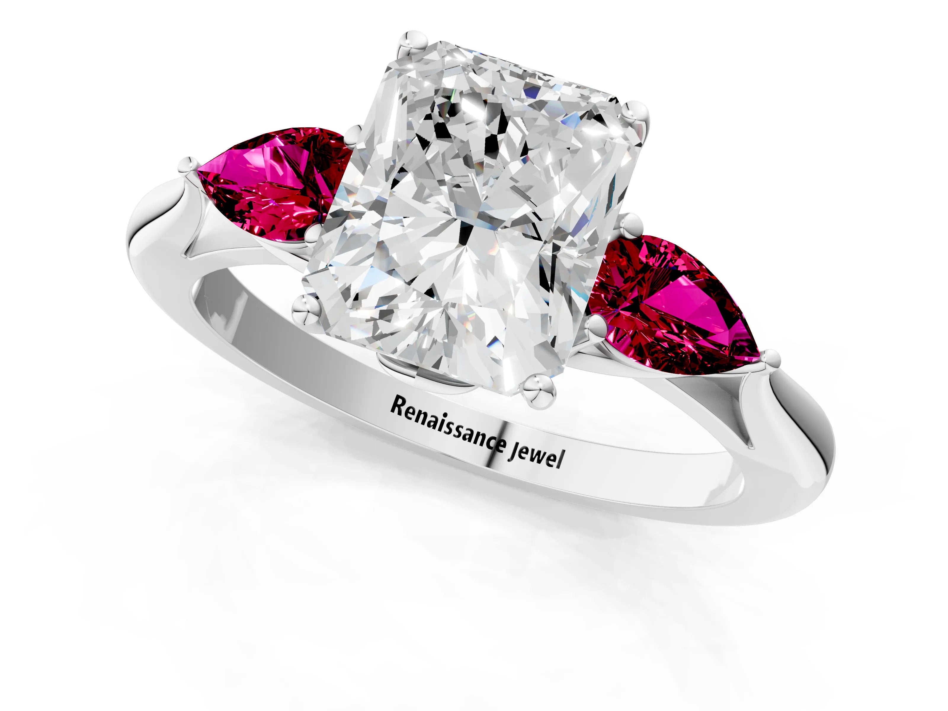 White gold Radiant Cut Diamond Three-Stone Ring with Pear with Garnet side stone Side Stones and Prong Setting_13