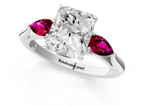 White gold Radiant Cut Diamond Three-Stone Ring with Pear with Garnet side stone Side Stones and Prong Setting_13