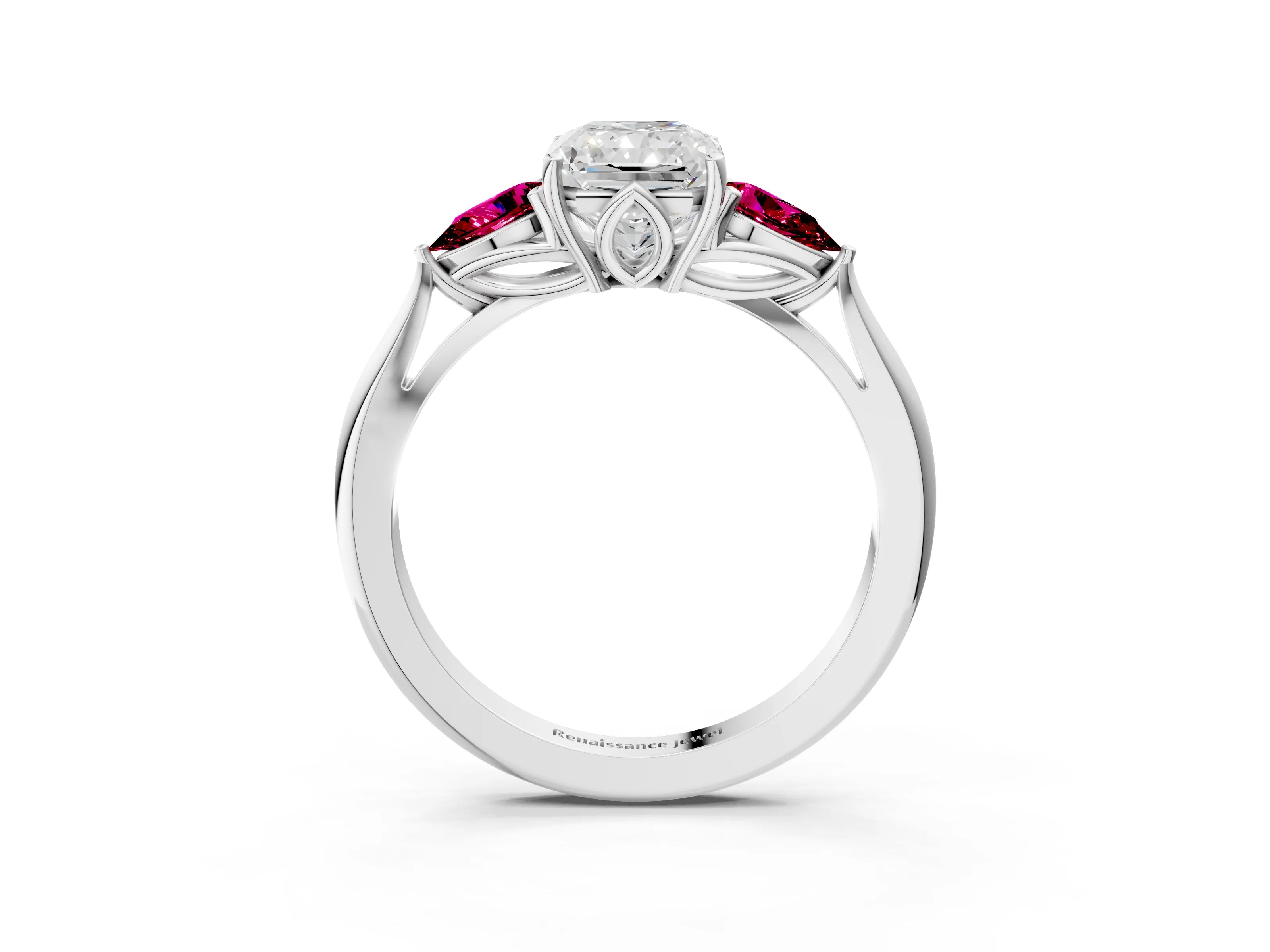White gold Radiant Cut Diamond Three-Stone Ring with Pear with Garnet side stone Side Stones and Prong Setting_15