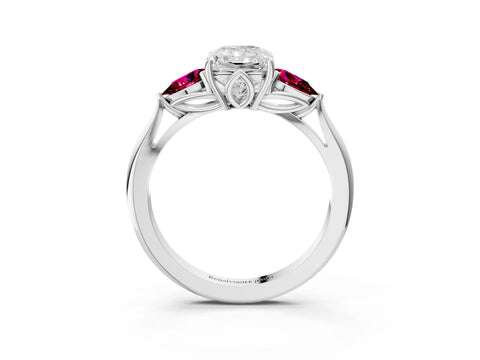 White gold Radiant Cut Diamond Three-Stone Ring with Pear with Garnet side stone Side Stones and Prong Setting_15