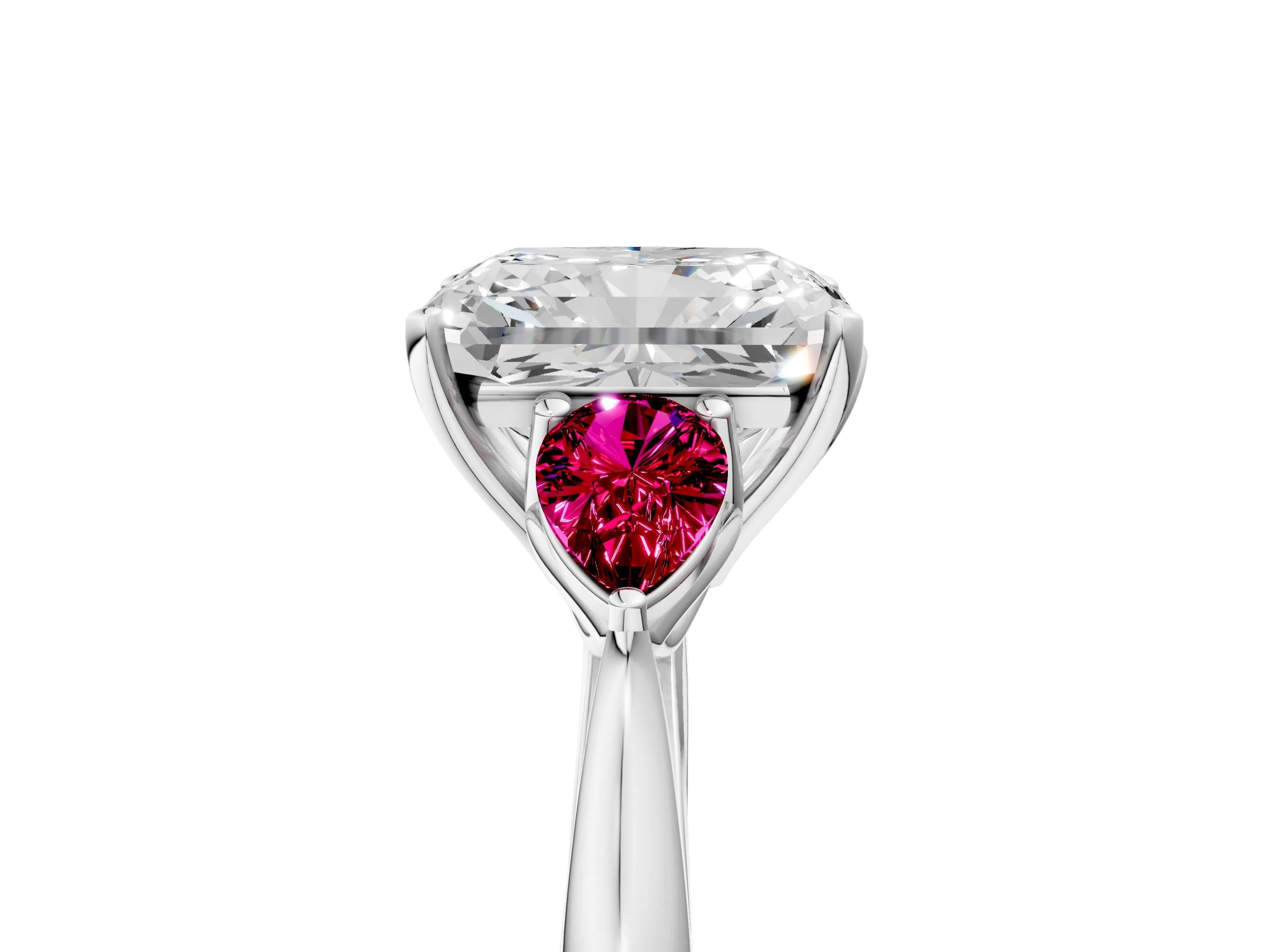 White gold Radiant Cut Diamond Three-Stone Ring with Pear with Garnet side stone Side Stones and Prong Setting_17