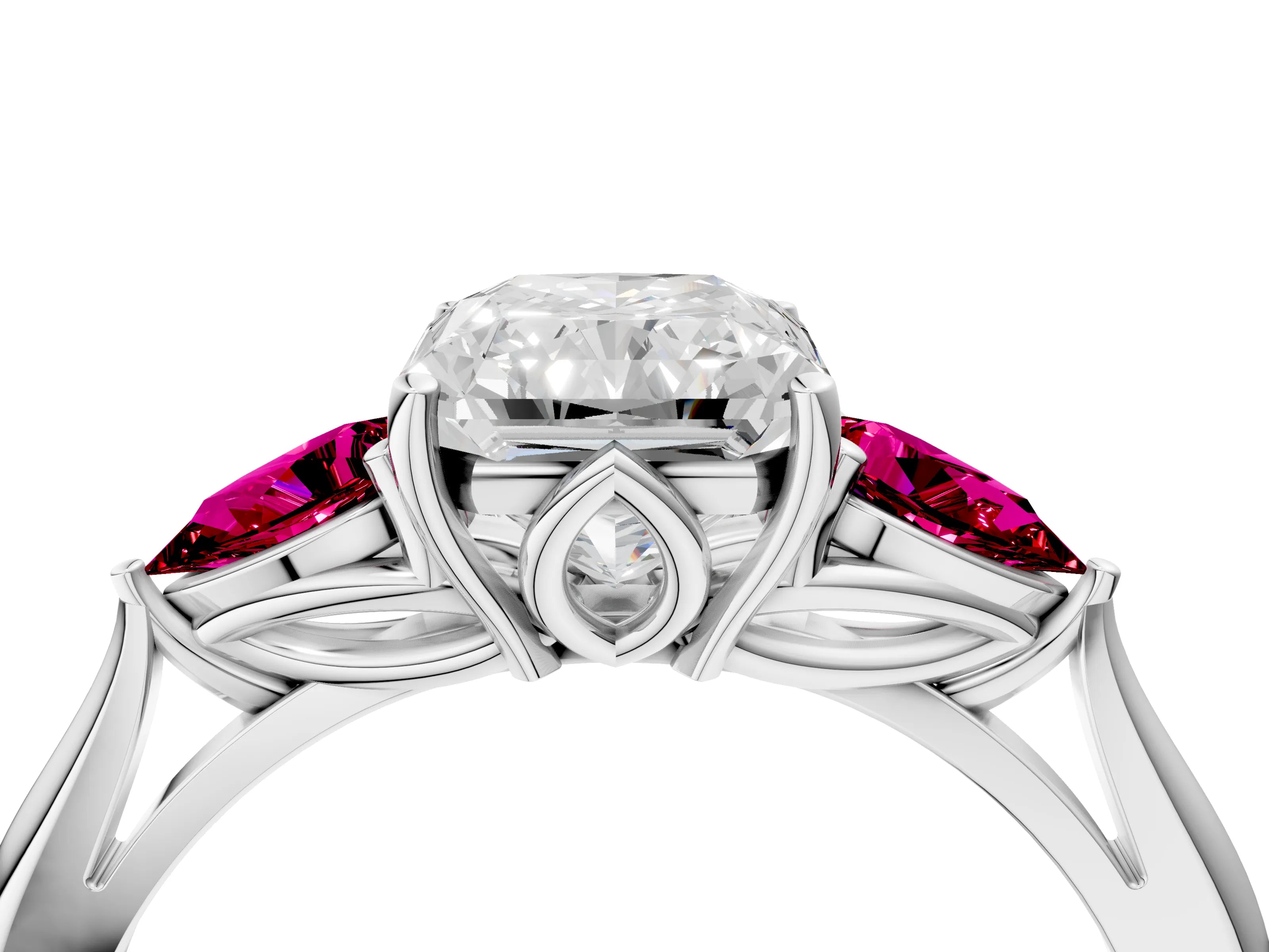 White gold Radiant Cut Diamond Three-Stone Ring with Pear with Garnet side stone Side Stones and Prong Setting_28