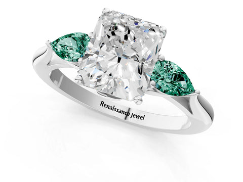 White gold Radiant Cut Diamond Three-Stone Ring with Pear with Green Sapphire side stone Side Stones and Prong Setting_47