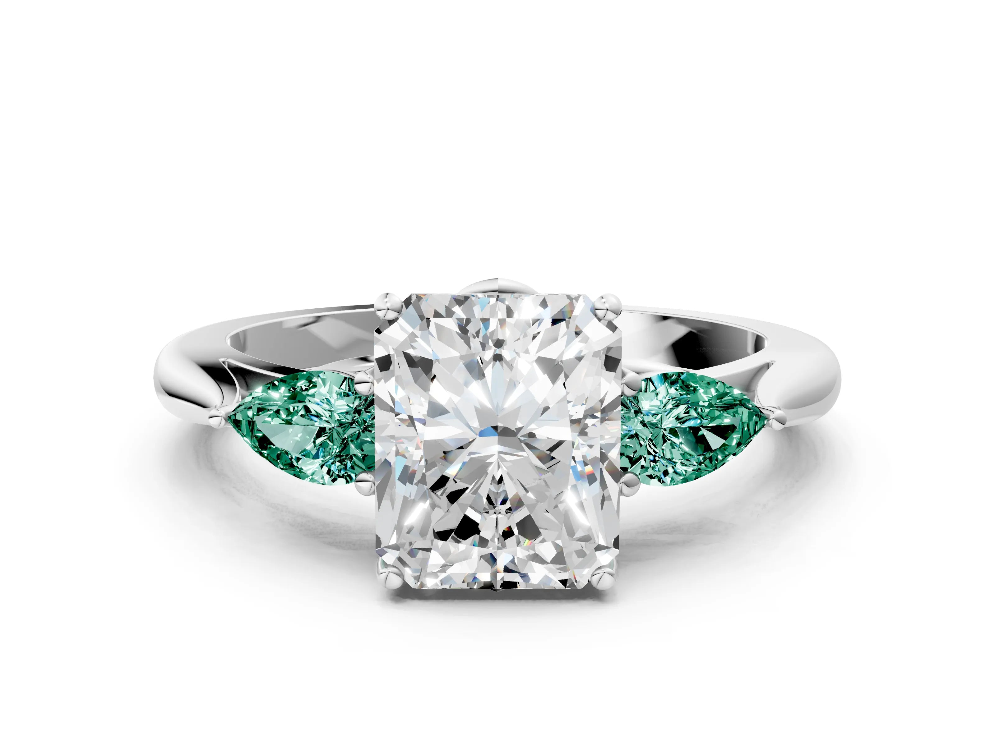 White gold Radiant Cut Diamond Three-Stone Ring with Pear with Green Sapphire side stone Side Stones and Prong Setting_48