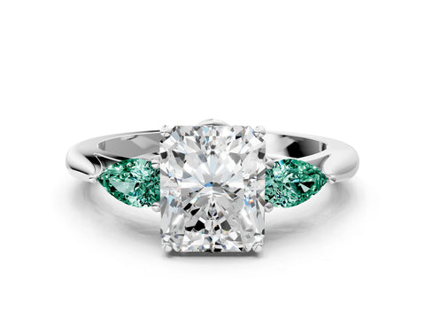 White gold Radiant Cut Diamond Three-Stone Ring with Pear with Green Sapphire side stone Side Stones and Prong Setting_48