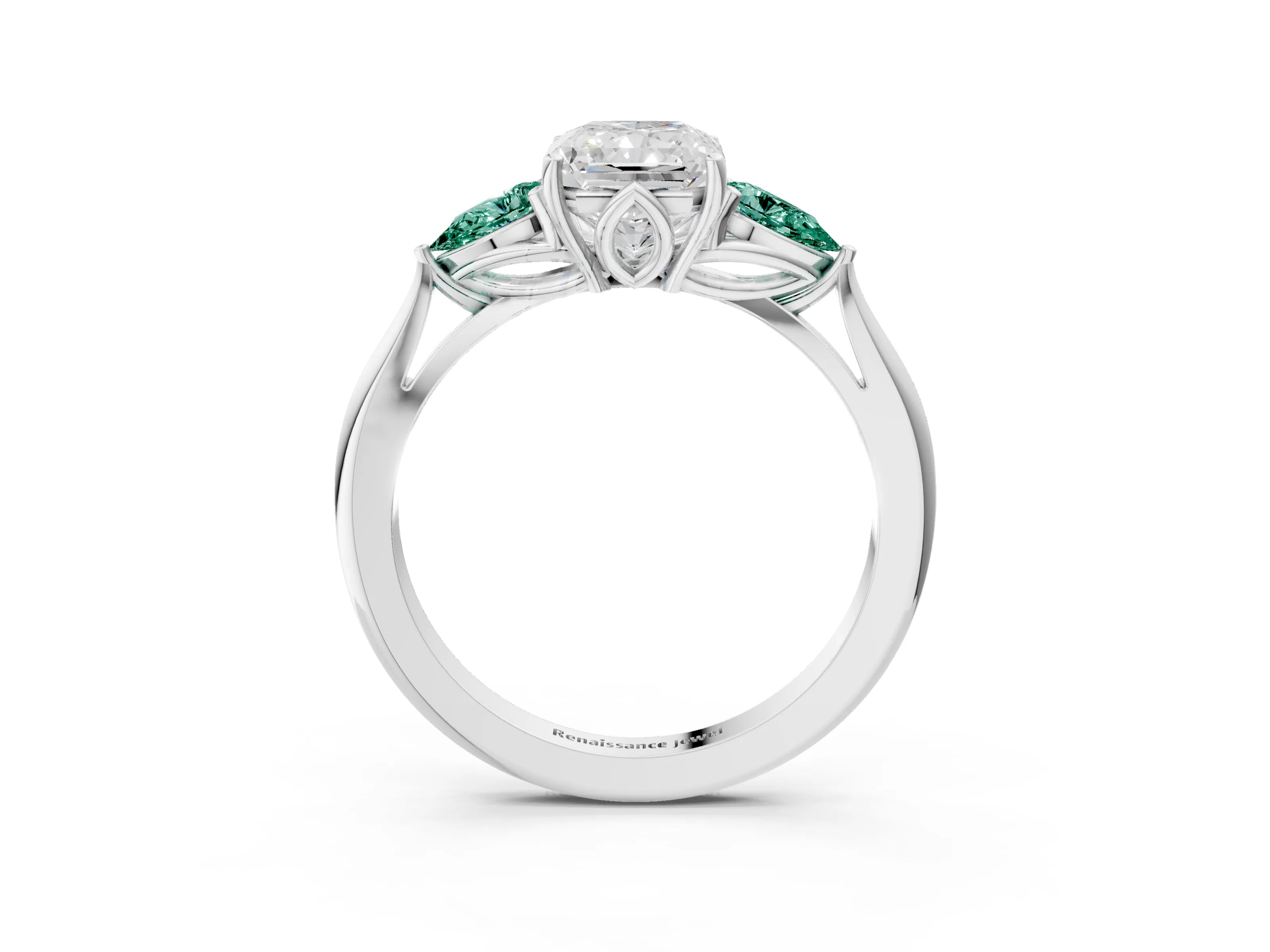 White gold Radiant Cut Diamond Three-Stone Ring with Pear with Green Sapphire side stone Side Stones and Prong Setting_49