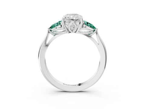 White gold Radiant Cut Diamond Three-Stone Ring with Pear with Green Sapphire side stone Side Stones and Prong Setting_49