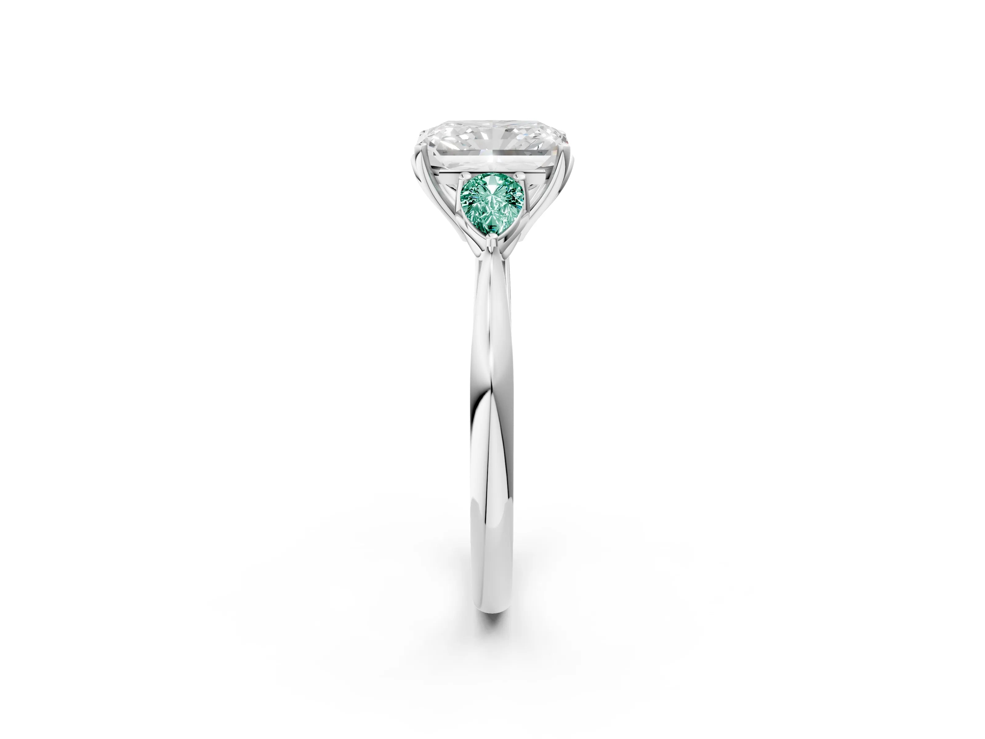 White gold Radiant Cut Diamond Three-Stone Ring with Pear with Green Sapphire side stone Side Stones and Prong Setting_50