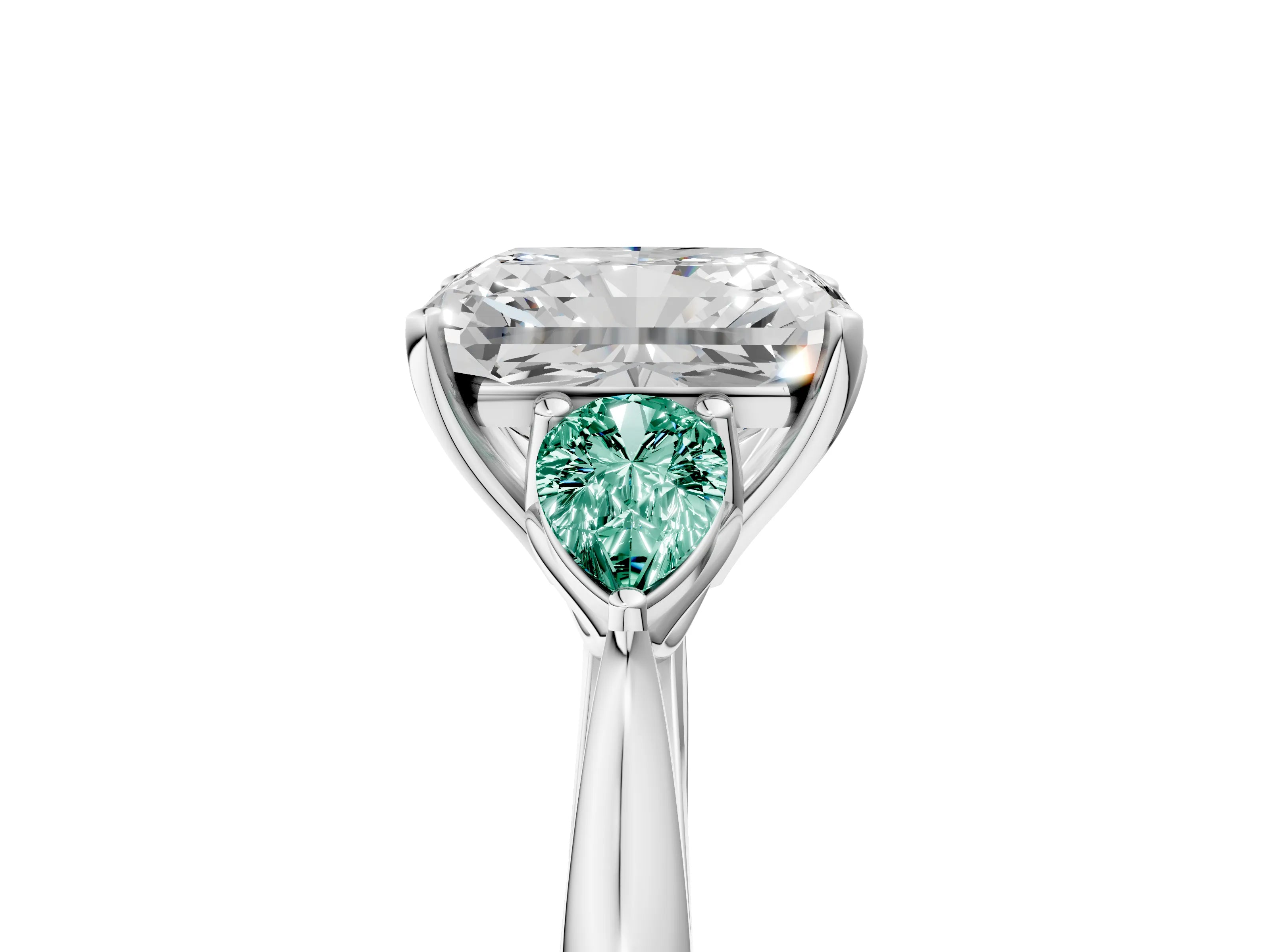 White gold Radiant Cut Diamond Three-Stone Ring with Pear with Green Sapphire side stone Side Stones and Prong Setting_53