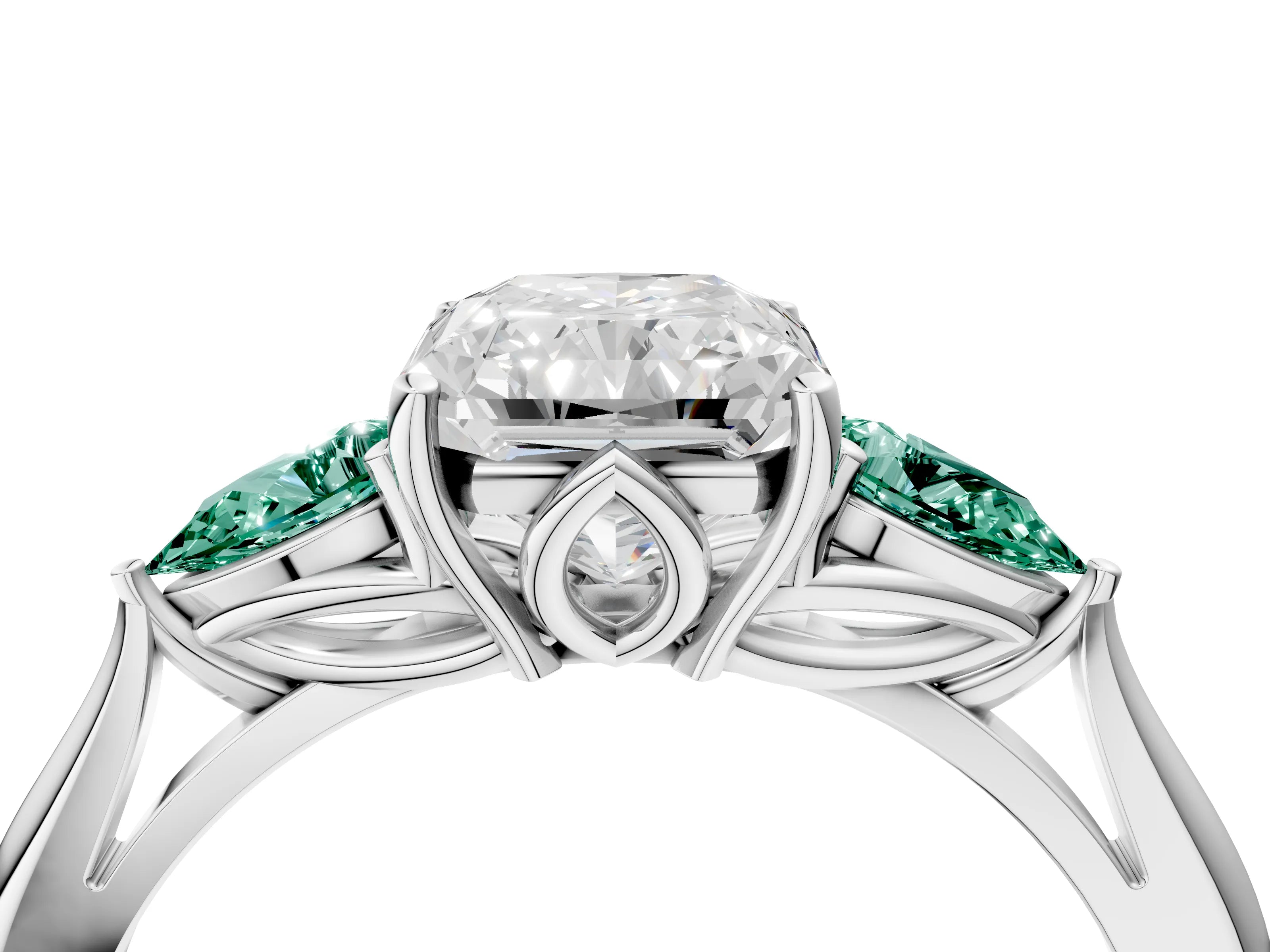 White gold Radiant Cut Diamond Three-Stone Ring with Pear with Green Sapphire side stone Side Stones and Prong Setting_58