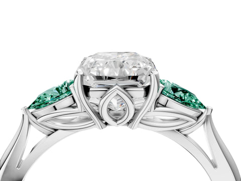 White gold Radiant Cut Diamond Three-Stone Ring with Pear with Green Sapphire side stone Side Stones and Prong Setting_58