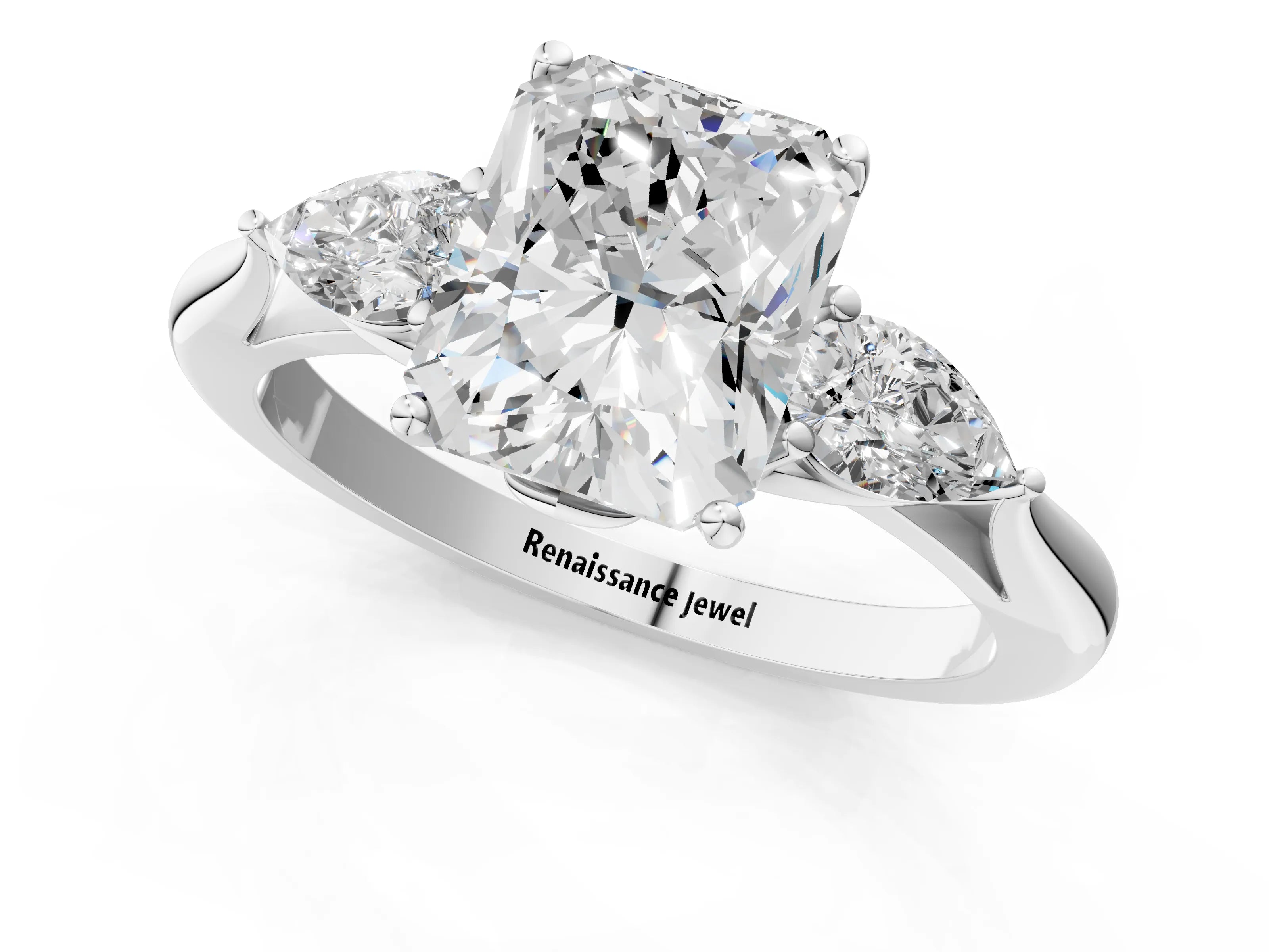 White gold Radiant Cut Diamond Three-Stone Ring with Pear with Moissanite side stone Side Stones and Prong Setting_37