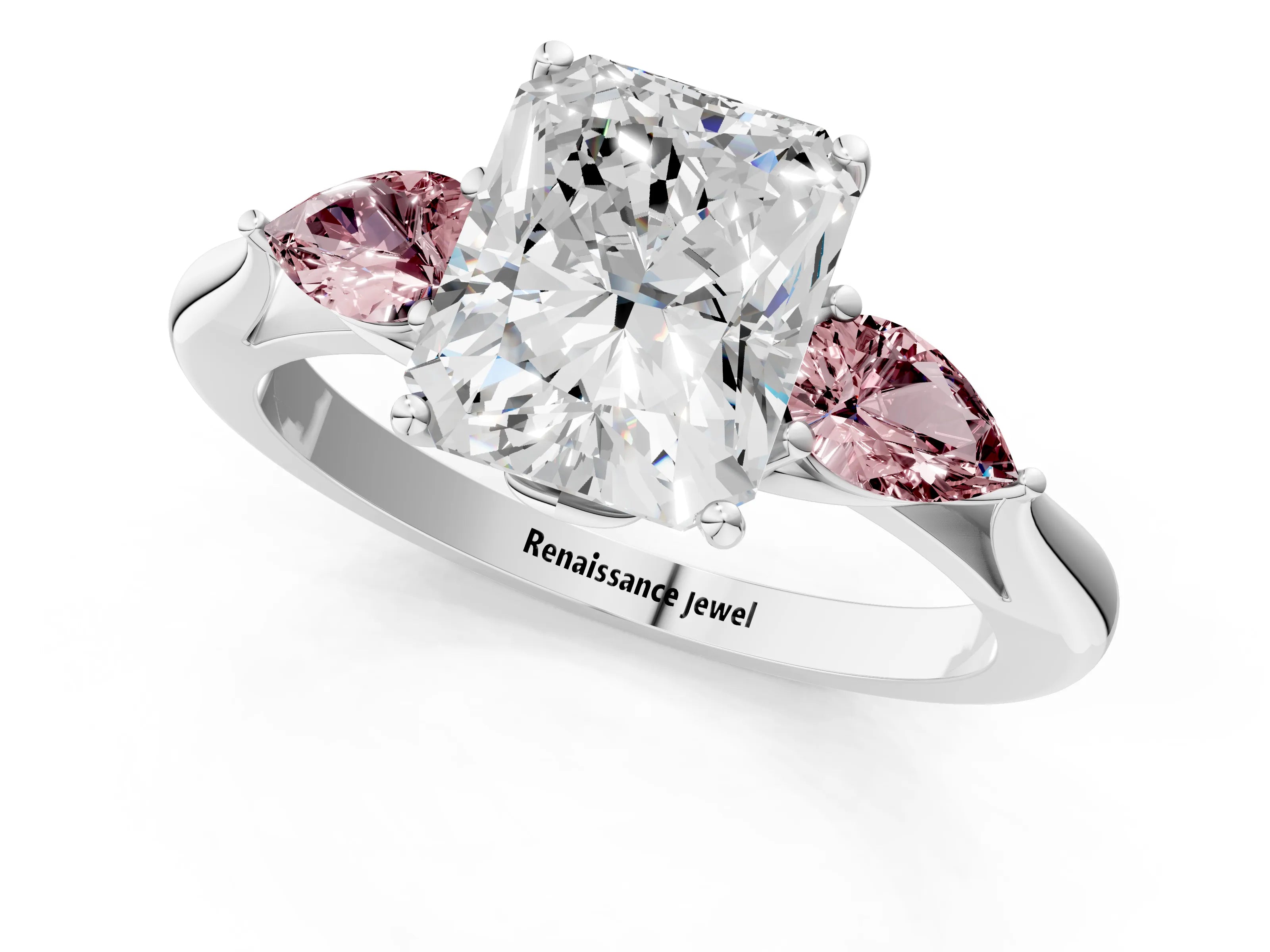 White gold Radiant Cut Diamond Three-Stone Ring with Pear with Morganite side stone Side Stones and Prong Setting_37