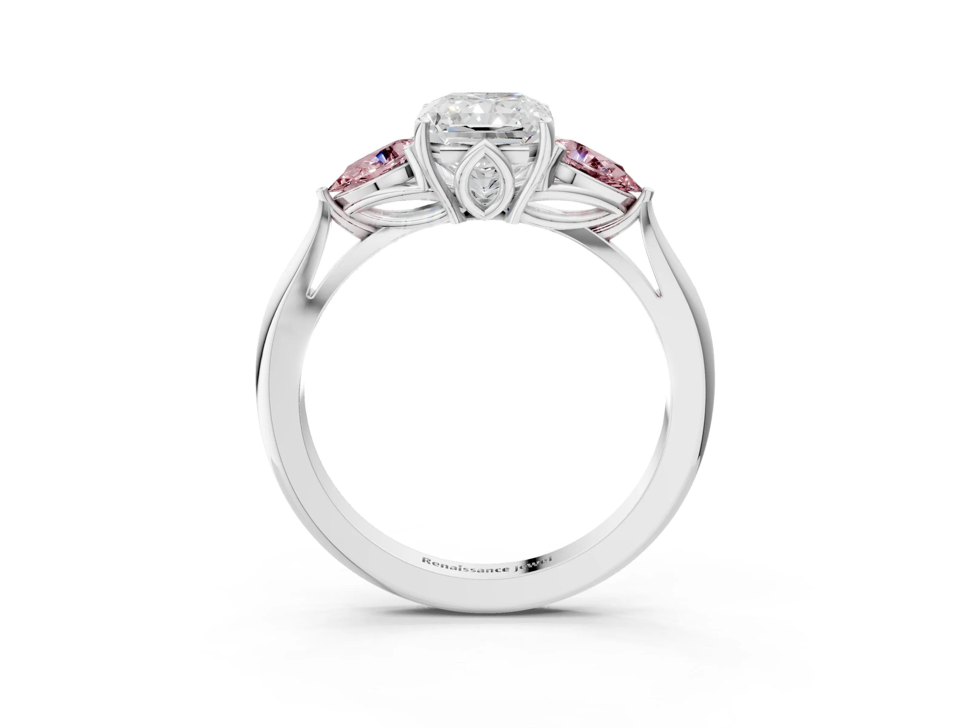 White gold Radiant Cut Diamond Three-Stone Ring with Pear with Morganite side stone Side Stones and Prong Setting_39