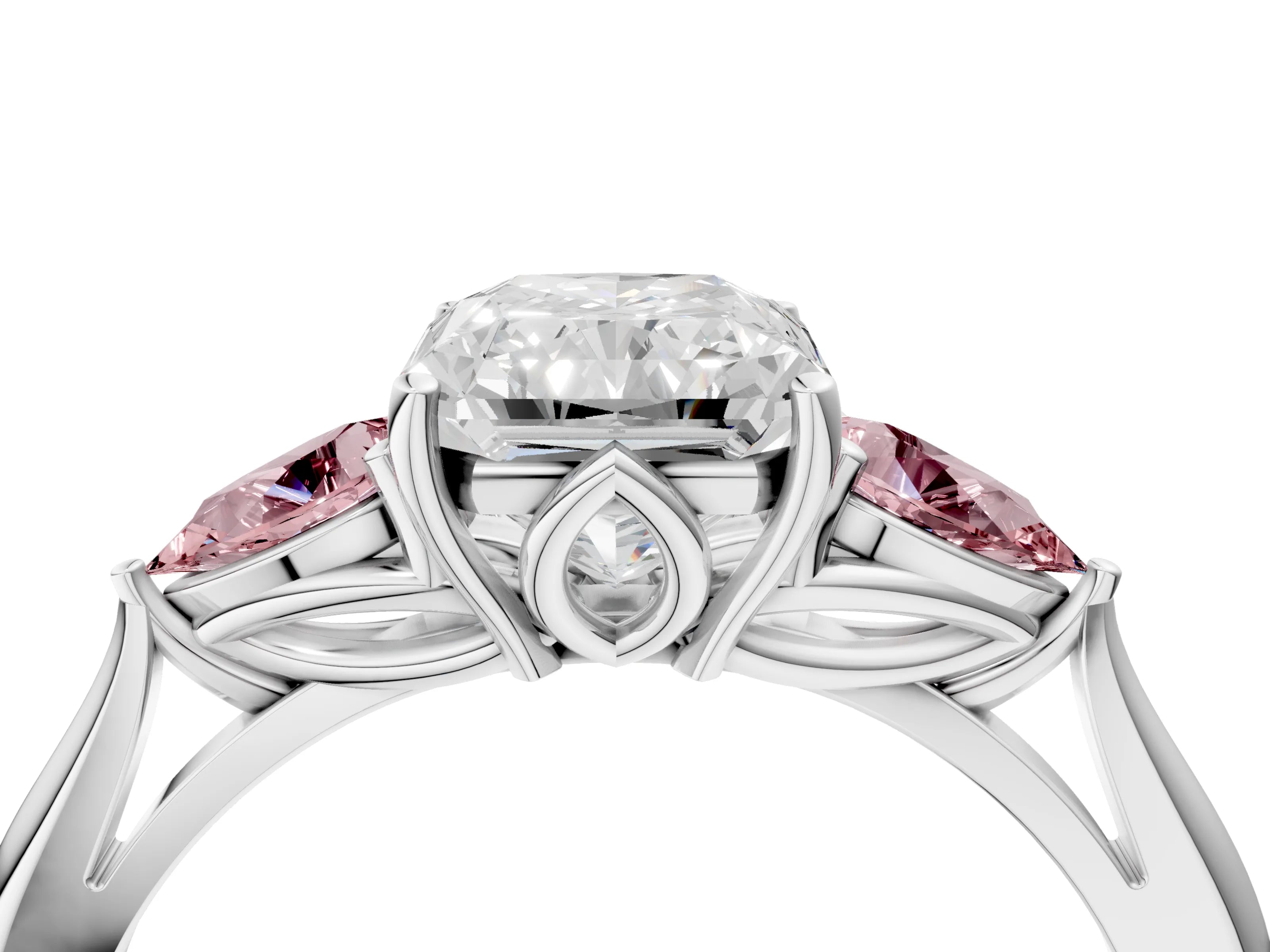 White gold Radiant Cut Diamond Three-Stone Ring with Pear with Morganite side stone Side Stones and Prong Setting_40