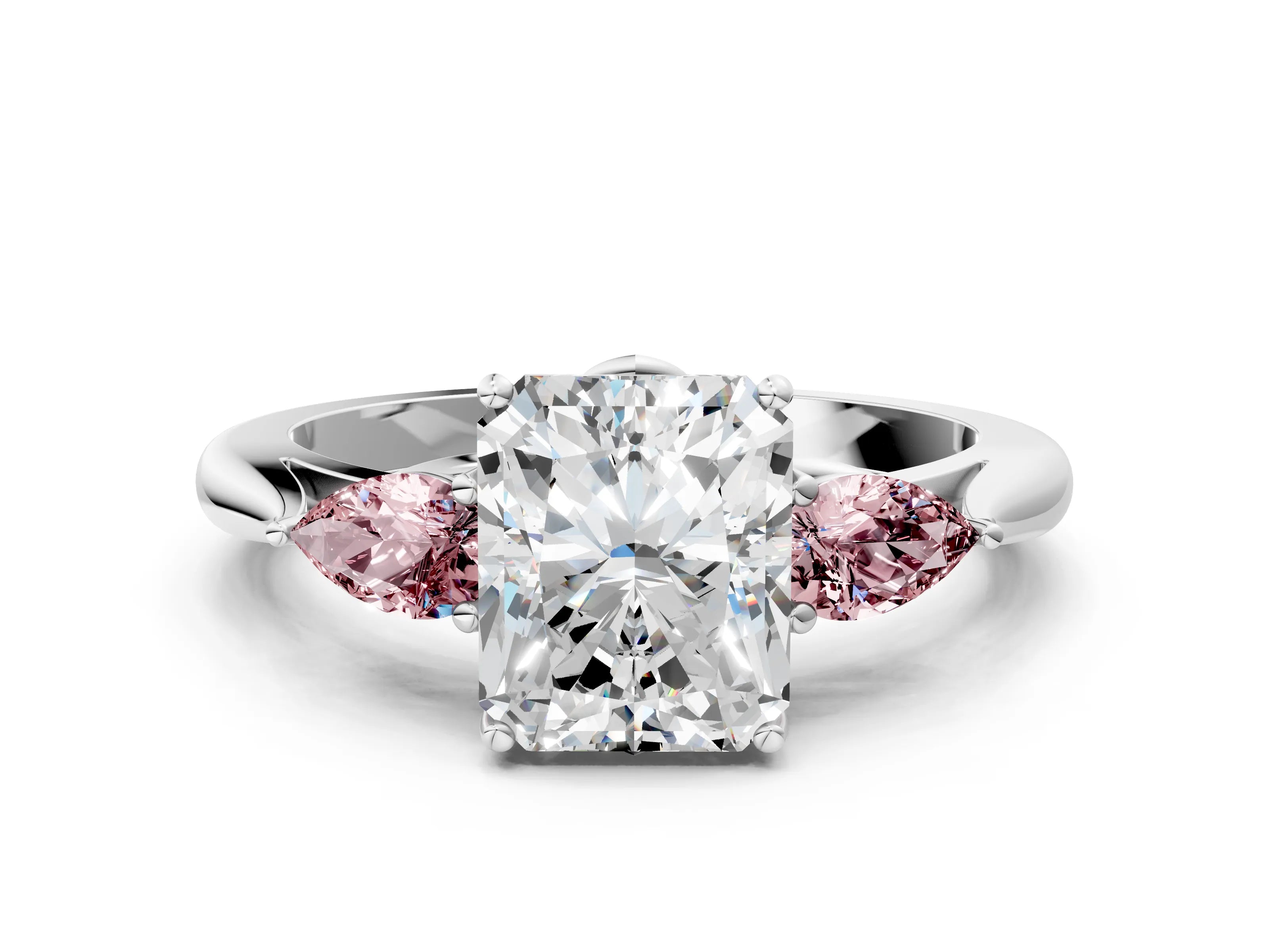 White gold Radiant Cut Diamond Three-Stone Ring with Pear with Morganite side stone Side Stones and Prong Setting_48